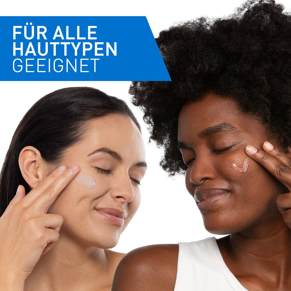 Zwei Personen tragen Gel auf Gesicht auf. Text: Für alle Hauttypen geeignet.