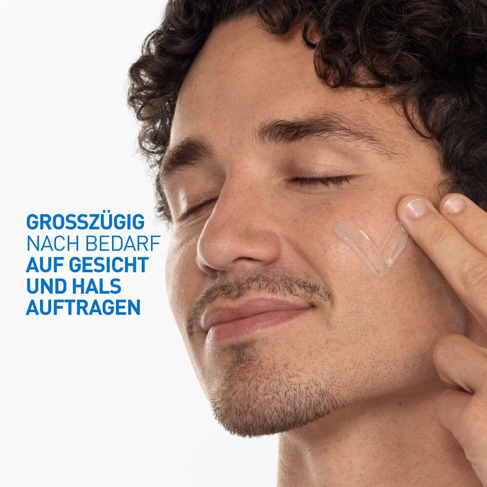 Person trägt Gel auf Gesicht und Hals auf. Text: Großzügig nach Bedarf auf Gesicht und Hals auftragen.