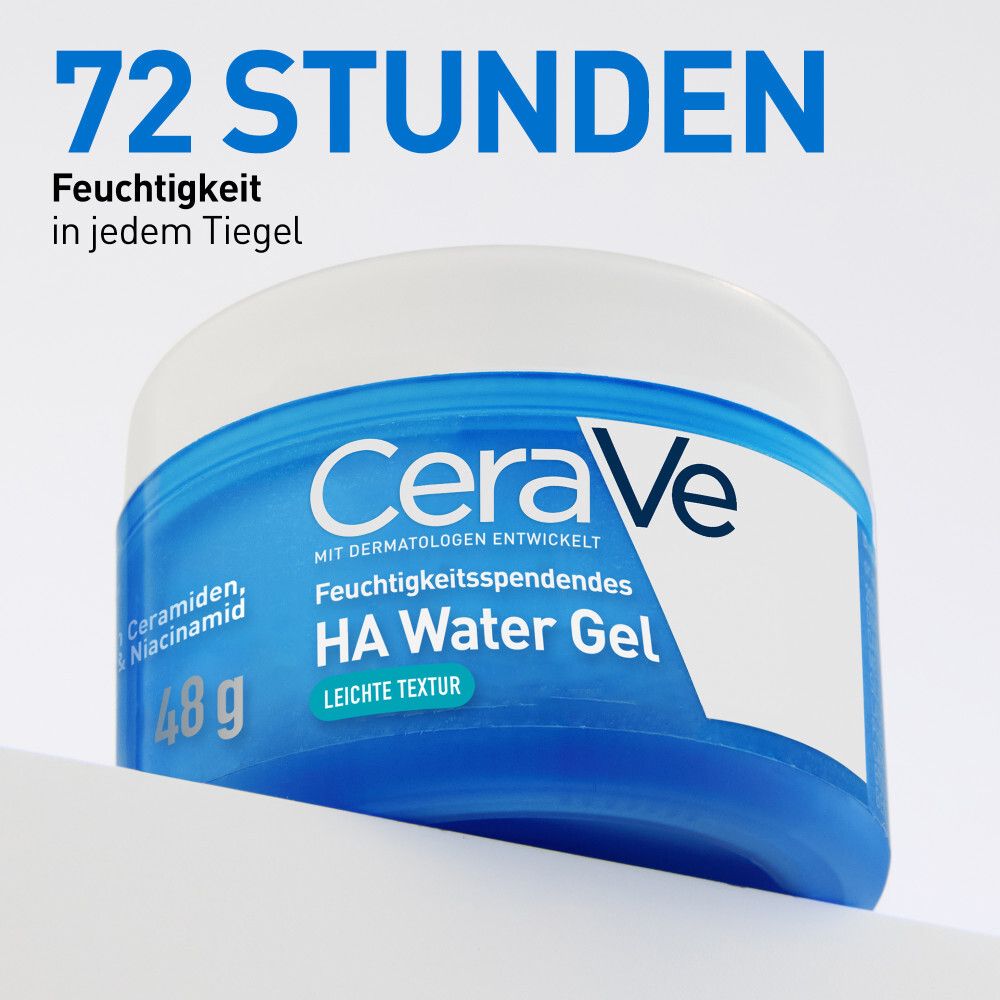 Blaues Tiegel mit weißem Deckel. Aufschrift: CeraVe, HA Water Gel, 48g. Text: 72 Stunden Feuchtigkeit in jedem Tiegel.