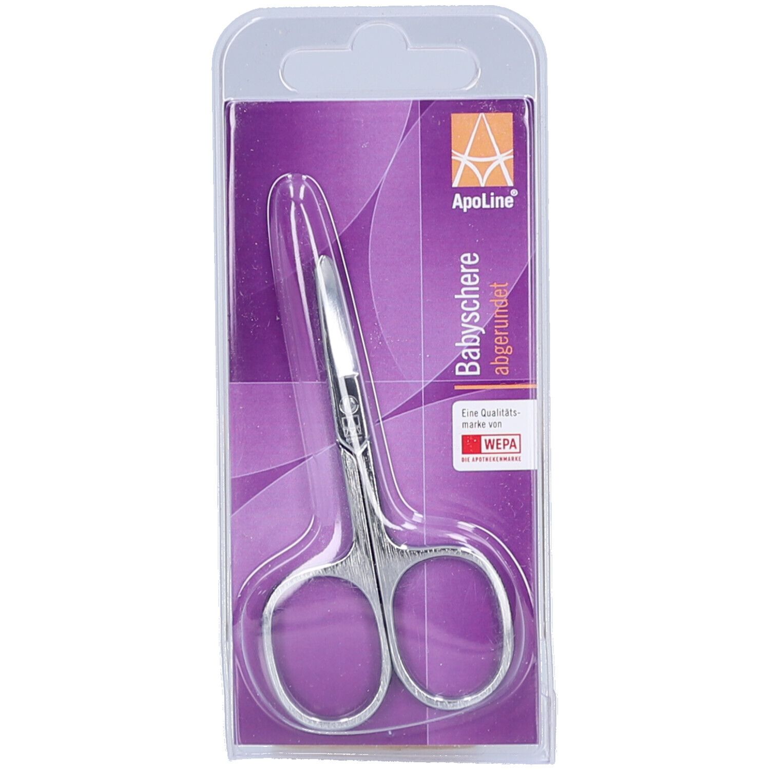 Babyschere abgerundet in Blisterverpackung. Metallschere mit abgerundeten Spitzen und Griffen. Logo und Schriftzug auf der Verpackung.