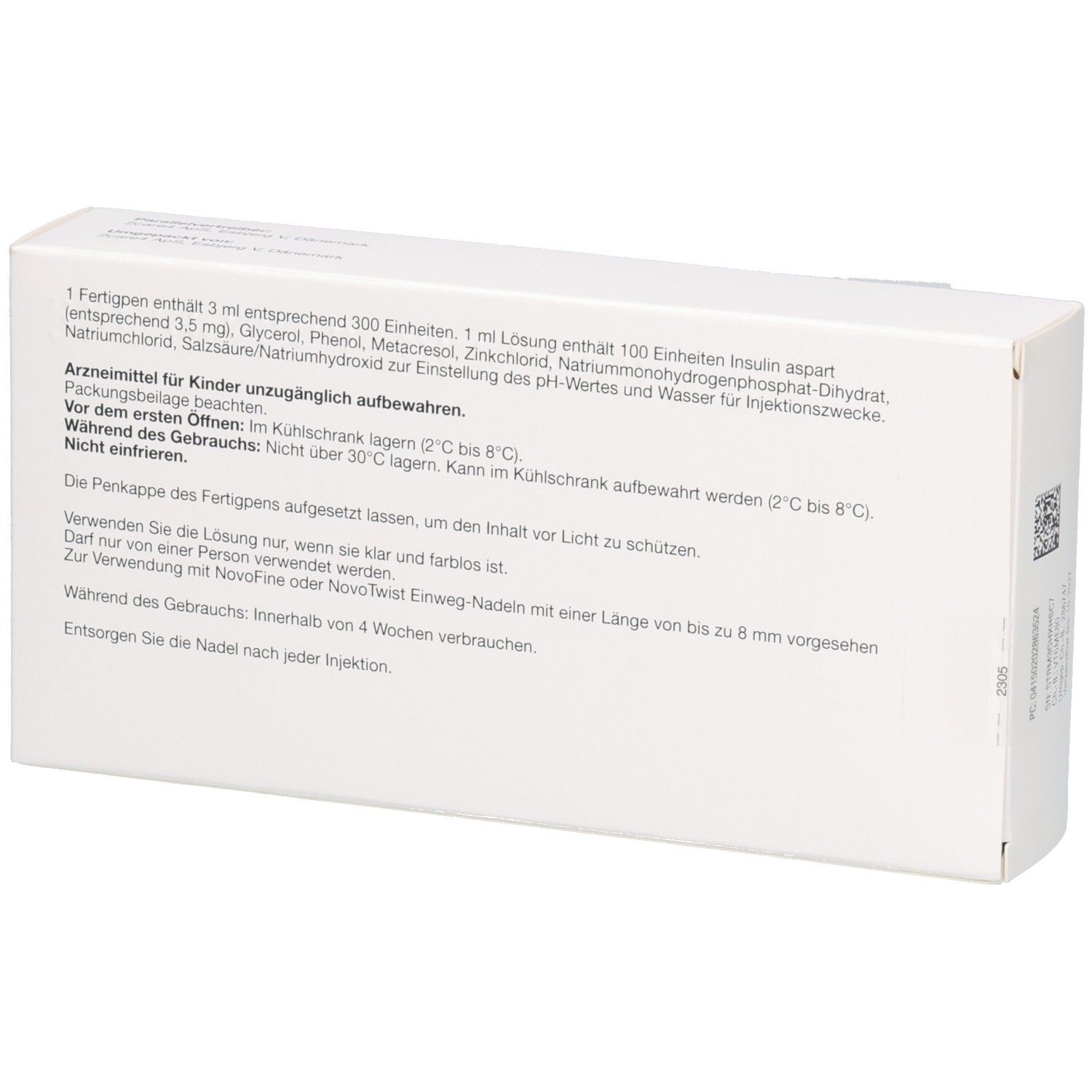 Rückseite der Packung mit 5 NovoRapid FlexPens, mit detaillierten Anwendungsinformationen.