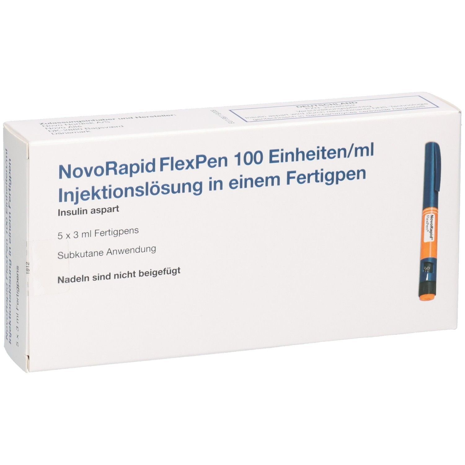 Packung mit 5 NovoRapid FlexPens, Injektionslösung, 100 Einheiten/ml, mit abgebildetem Fertigpen.