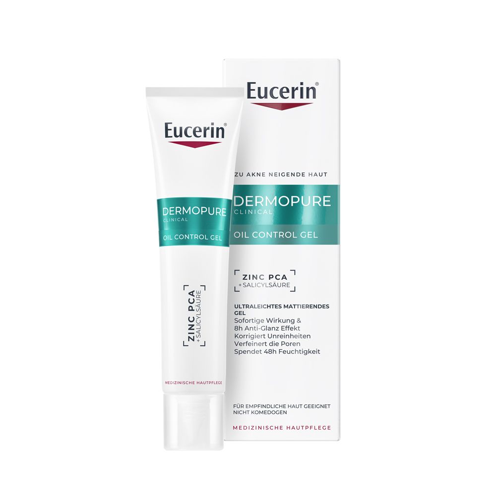 Eucerin Dermopure Oil Control Gel Tube und Faltschachtel. Mattierendes Gel für unreine Haut.