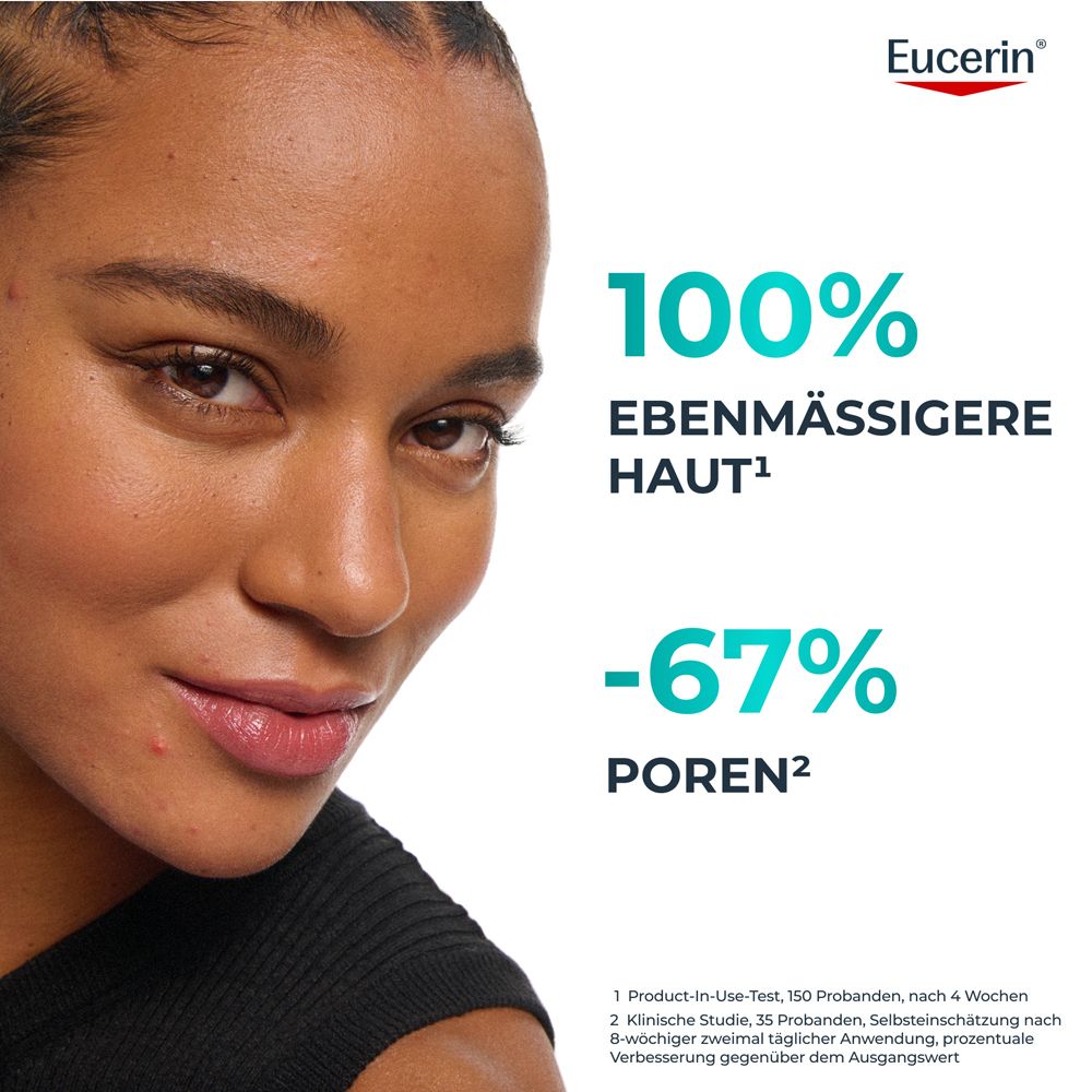 Frau mit ebenmässiger Haut. 100% ebenmässigere Haut, -67% Poren.