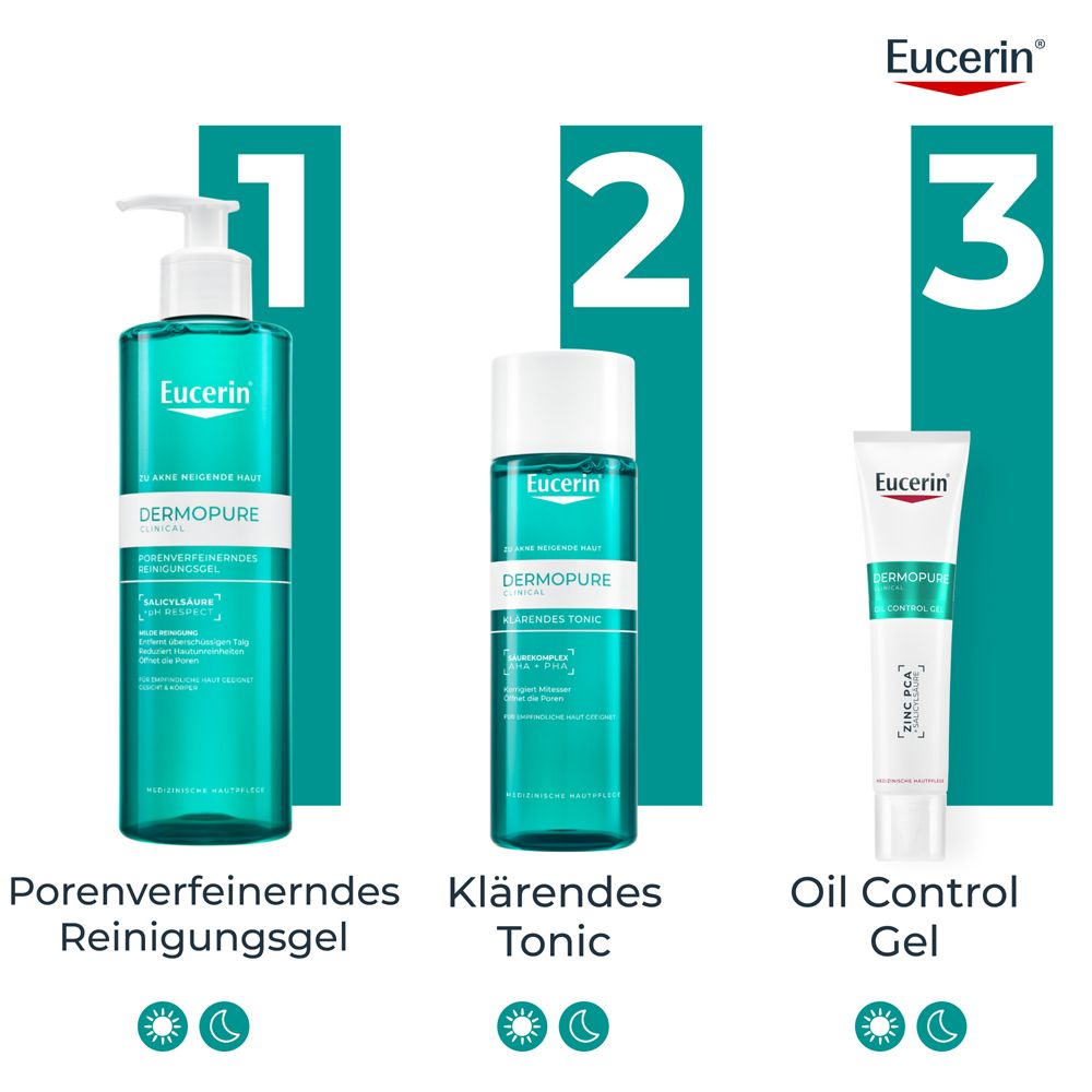 Eucerin Dermopure Reinigungsgel, Tonic und Oil Control Gel. Für unreine Haut.