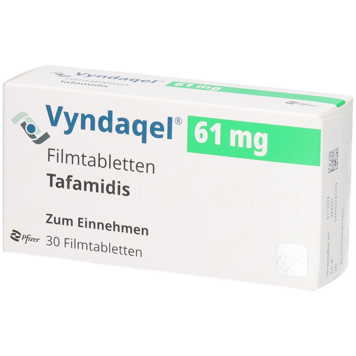 Vyndaqel 61 mg Tafamidis Filmtabletten. Packung mit 30 Filmtabletten zur Einnahme.