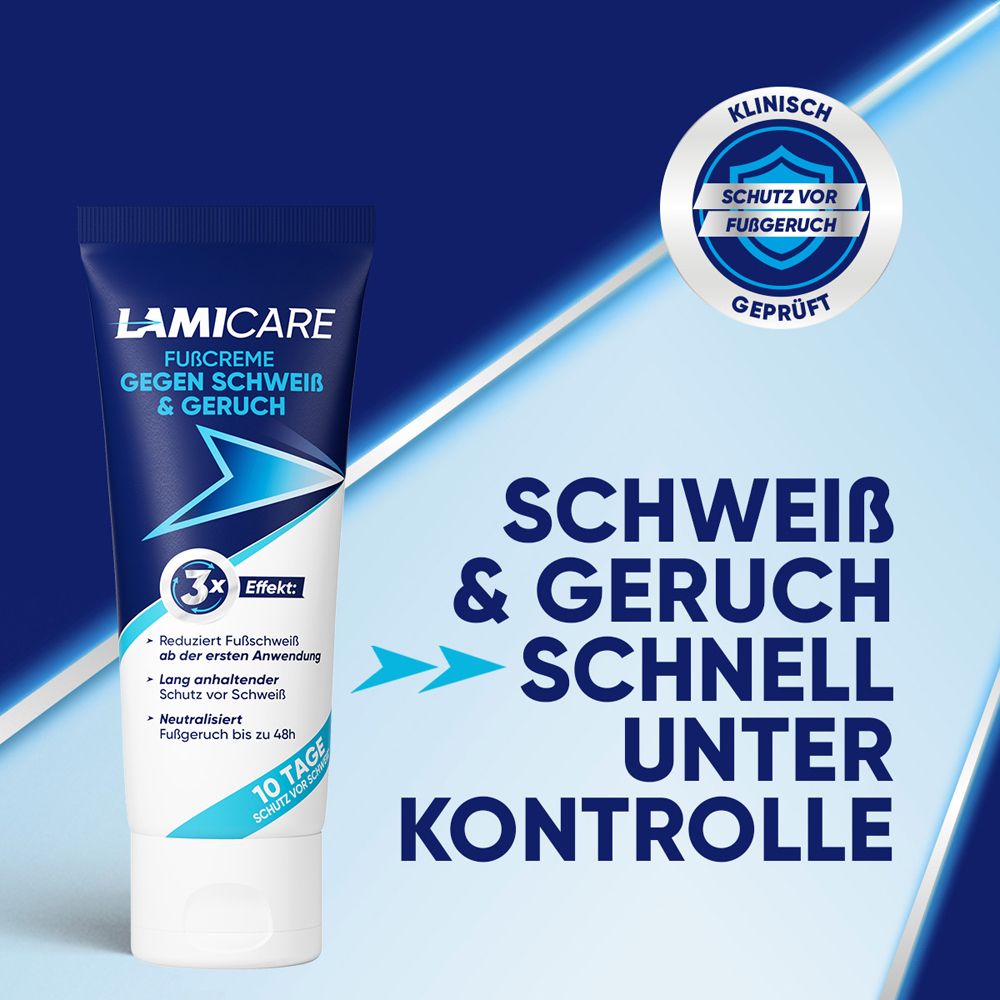 LamiCare Fußcreme Tube. Text: Schweiß & Geruch schnell unter Kontrolle. Klinisch geprüft. Schutz vor Fußgeruch.