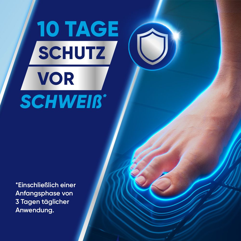 Fuß mit blauen Linien. Text: 10 Tage Schutz vor Schweiß. Schild-Symbol. Fußpflegeprodukt.