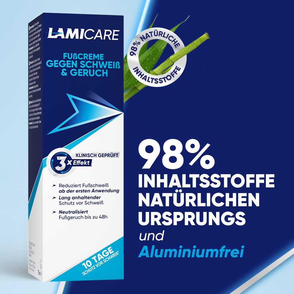 LamiCare Fußcreme und Verpackung. Text: 98% natürliche Inhaltsstoffe. Klinisch geprüft, 3x Effekt. Aluminiumfrei.