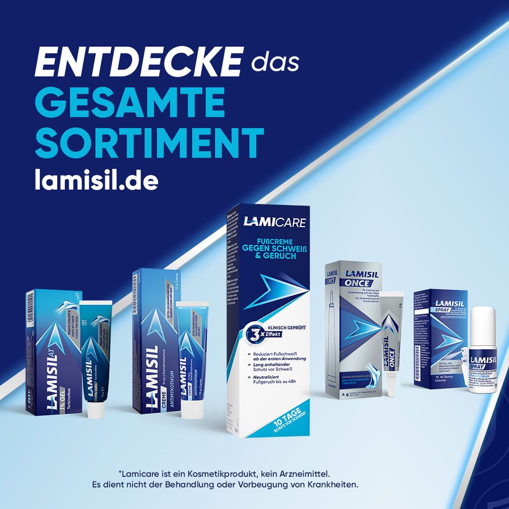 Verschiedene LamiCare Produkte. Text: Entdecke das gesamte Sortiment. Produkte für Fußpflege.