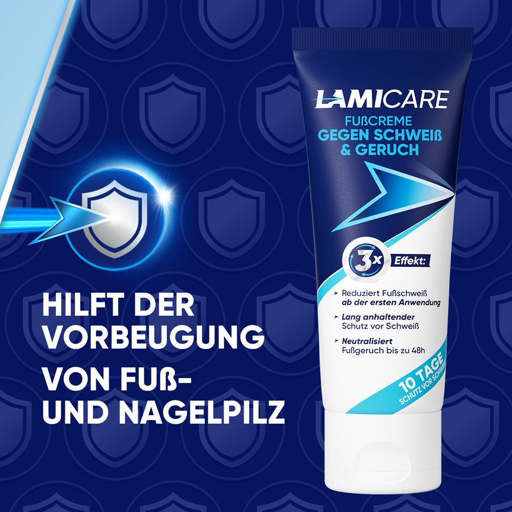 LamiCare Tube. Text: Hilft der Vorbeugung von Fuß- und Nagelpilz. 3x Effekt. 10 Tage Schutz.