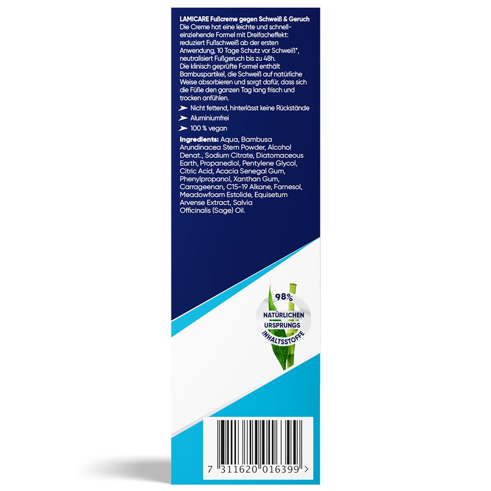 Rückseite der LamiCare Fußcreme. Text: Inhaltsstoffe, 98% natürliche Ursprungsstoffe. Barcode.