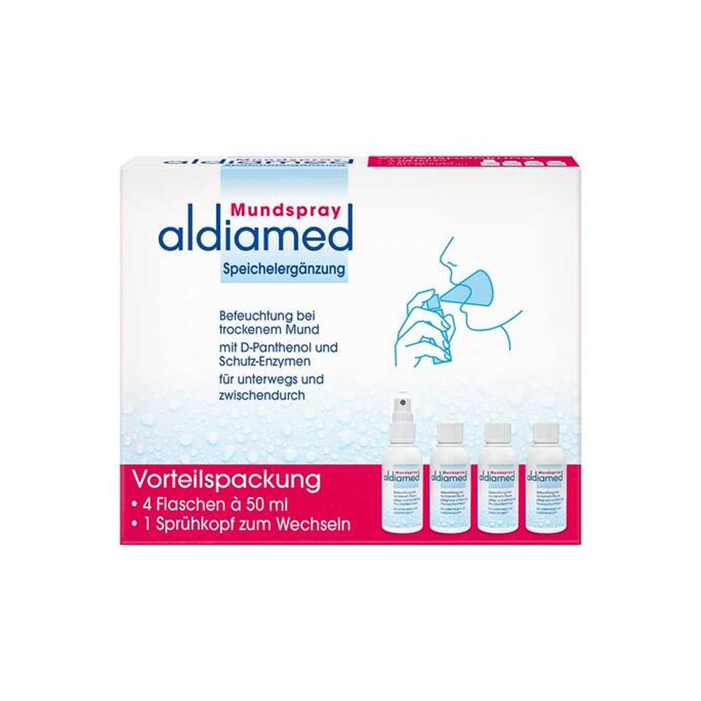 Aldiamed Mundspray Vorteilspackung mit 4 Flaschen à 50 ml und 1 Sprühkopf.