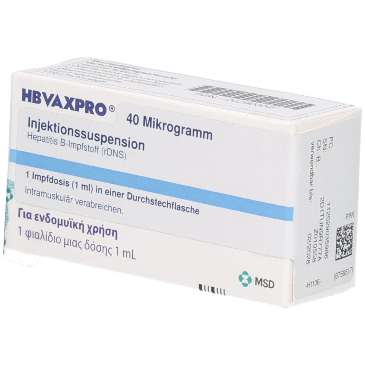 Schachtel mit HBVAXPRO 40 µg. Text: Injektionssuspension, Hepatitis B-Impfstoff. 1 Impfdosis in Durchstechflasche. MSD Logo.