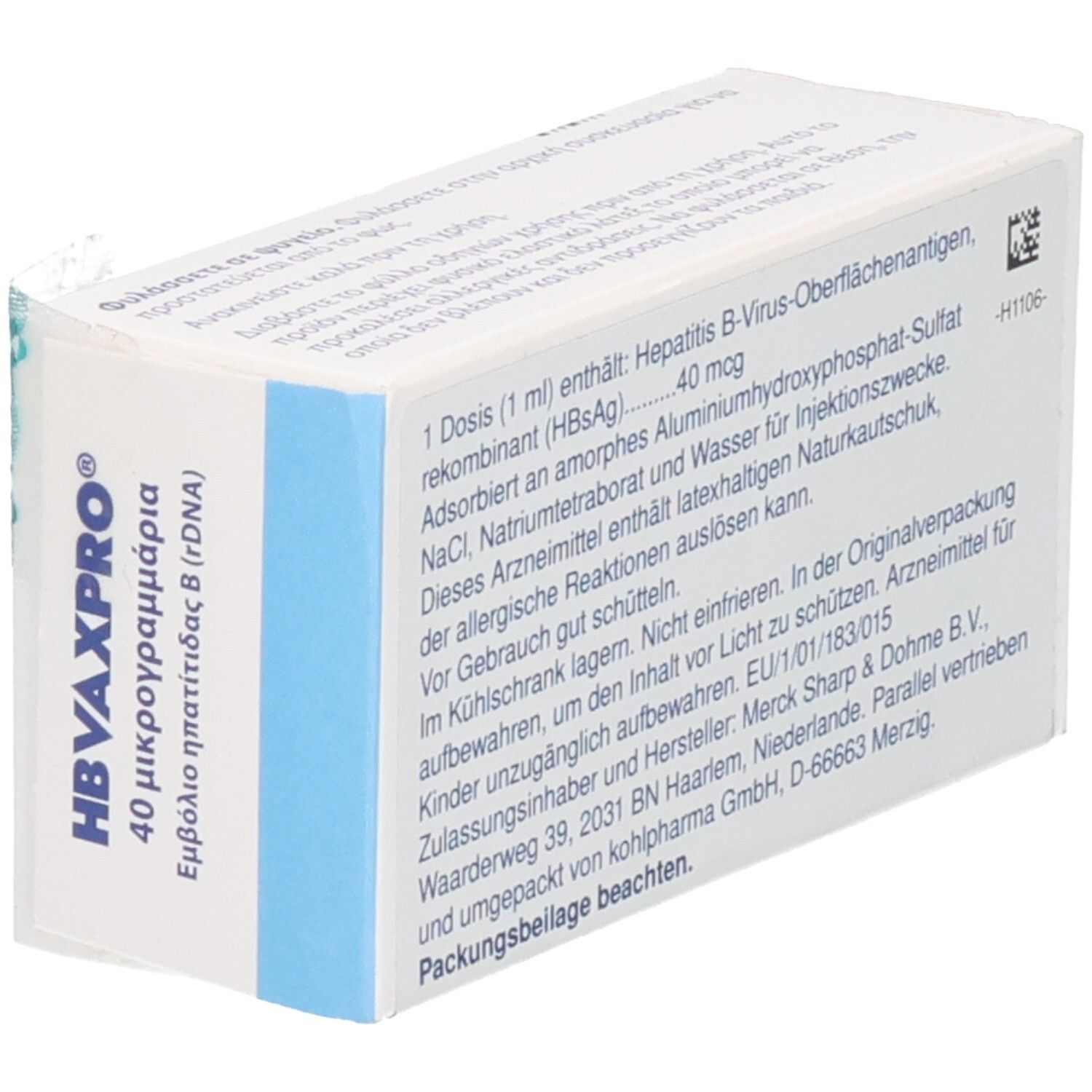 Schachtel von HBVAXPRO 40 µg. Text: Inhaltsstoffe, Dosierung, Hersteller. Rückseite mit Informationen und Logo.