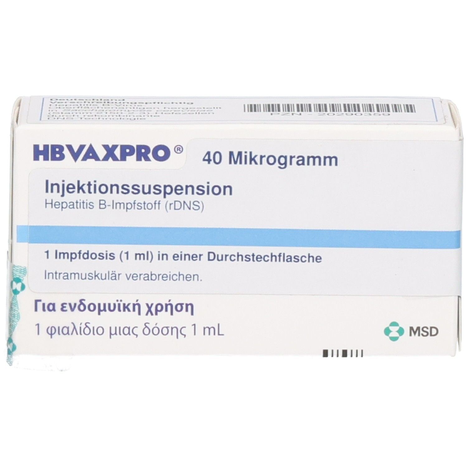 Schachtel mit HBVAXPRO 40 µg. Text: Injektionssuspension, Hepatitis B-Impfstoff. 1 Impfdosis in Durchstechflasche. MSD Logo.