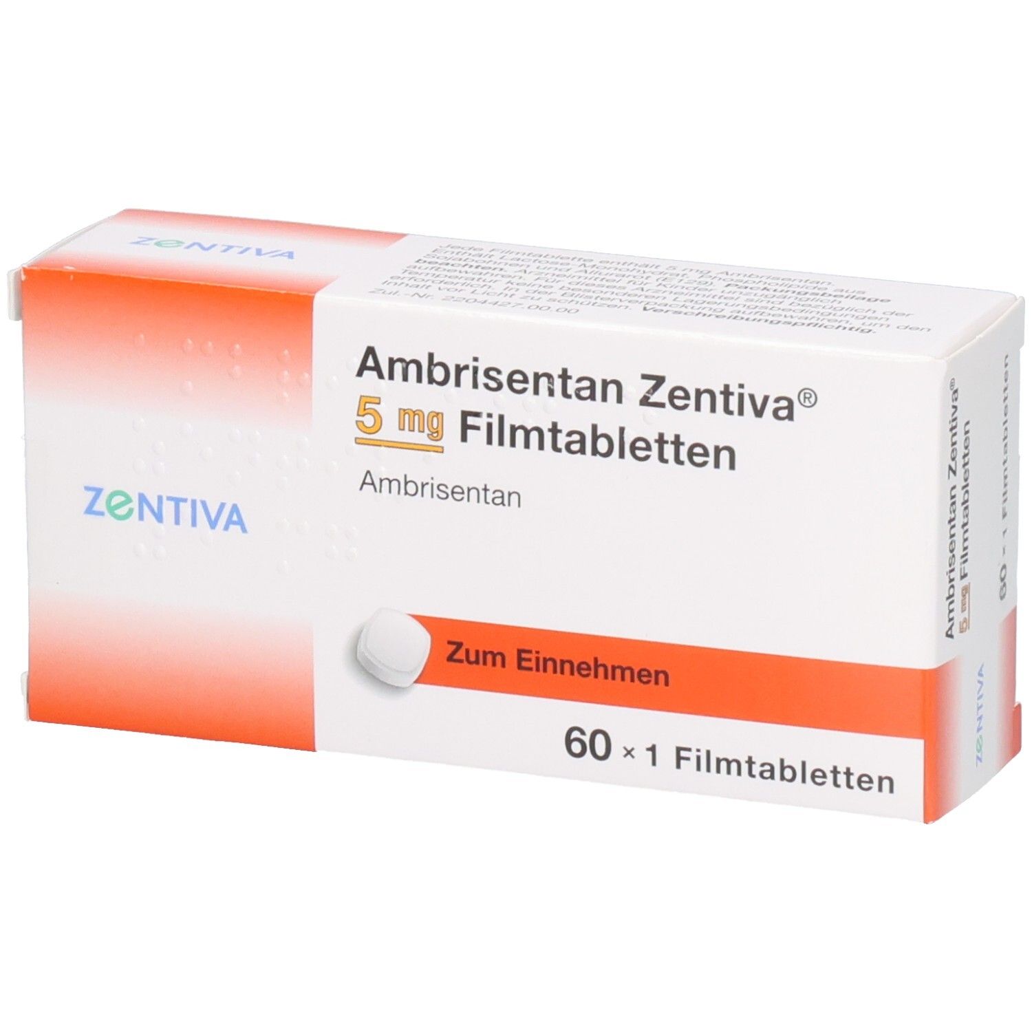 Packung Ambrisentan Zentiva 5 mg Filmtabletten, 60 Stück.