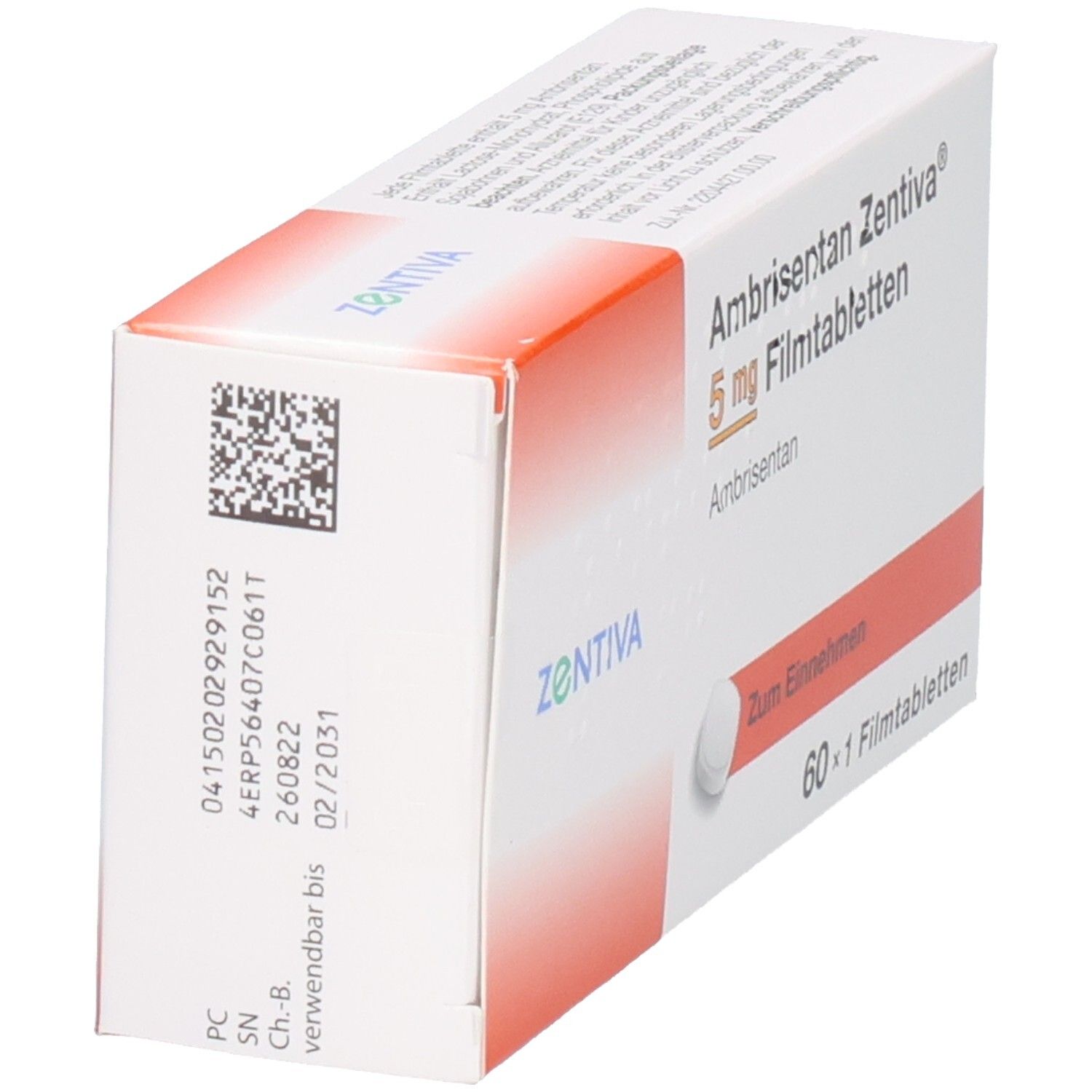 Seitenansicht der Packung Ambrisentan Zentiva 5 mg Filmtabletten mit Chargennummer und Verfallsdatum.