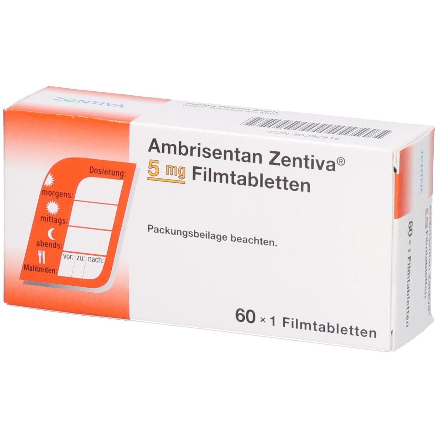 Vorderseite der Packung Ambrisentan Zentiva 5 mg Filmtabletten mit Dosierungshinweis.
