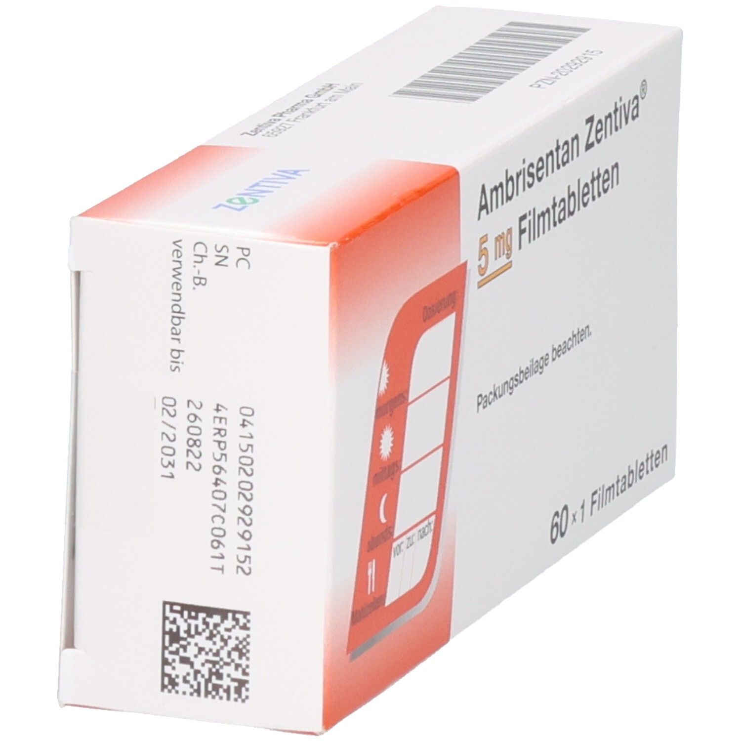 Seitenansicht der Packung Ambrisentan Zentiva 5 mg Filmtabletten mit Dosierungshinweis.
