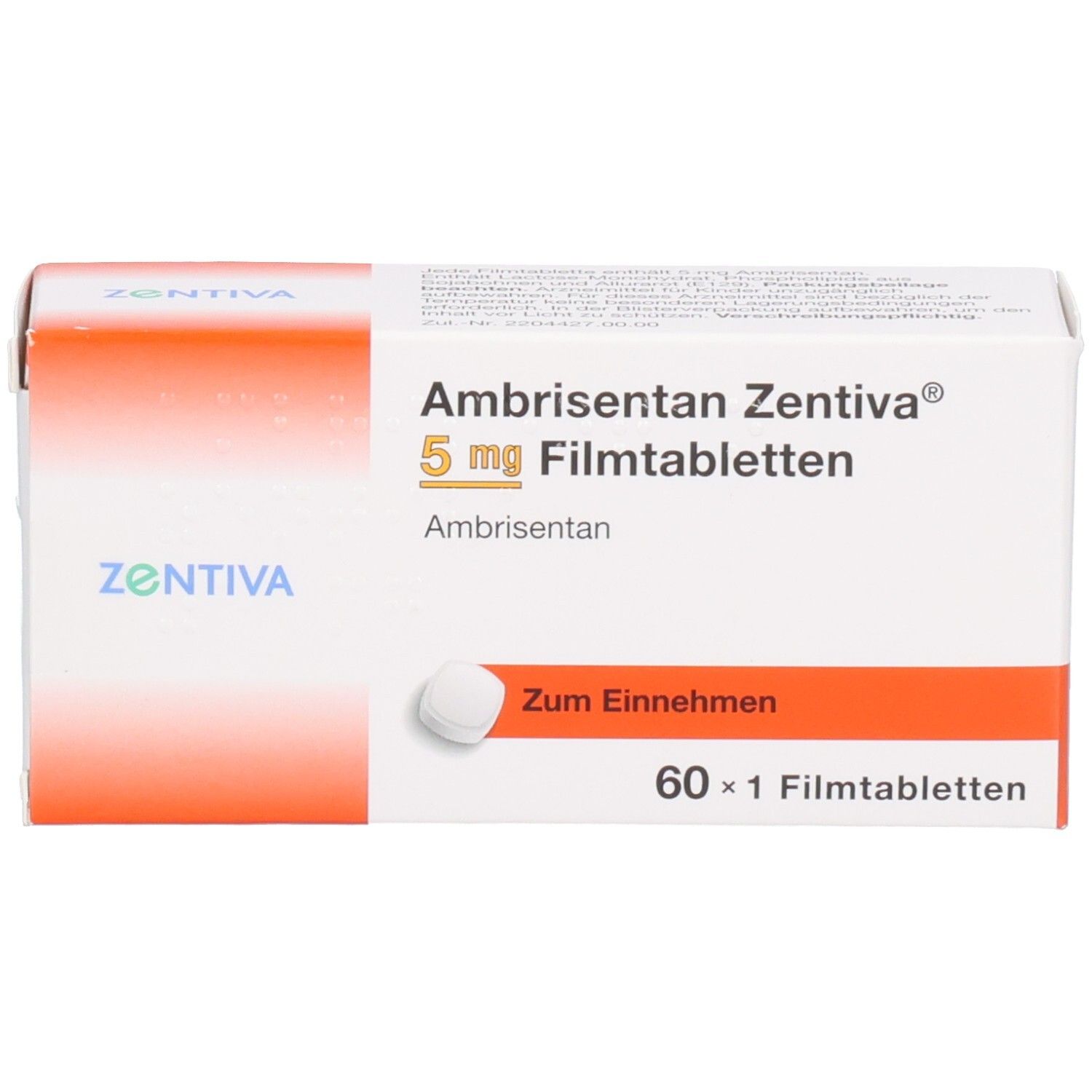 Packung Ambrisentan Zentiva 5 mg Filmtabletten, 60 Stück, mit einer Tablette.