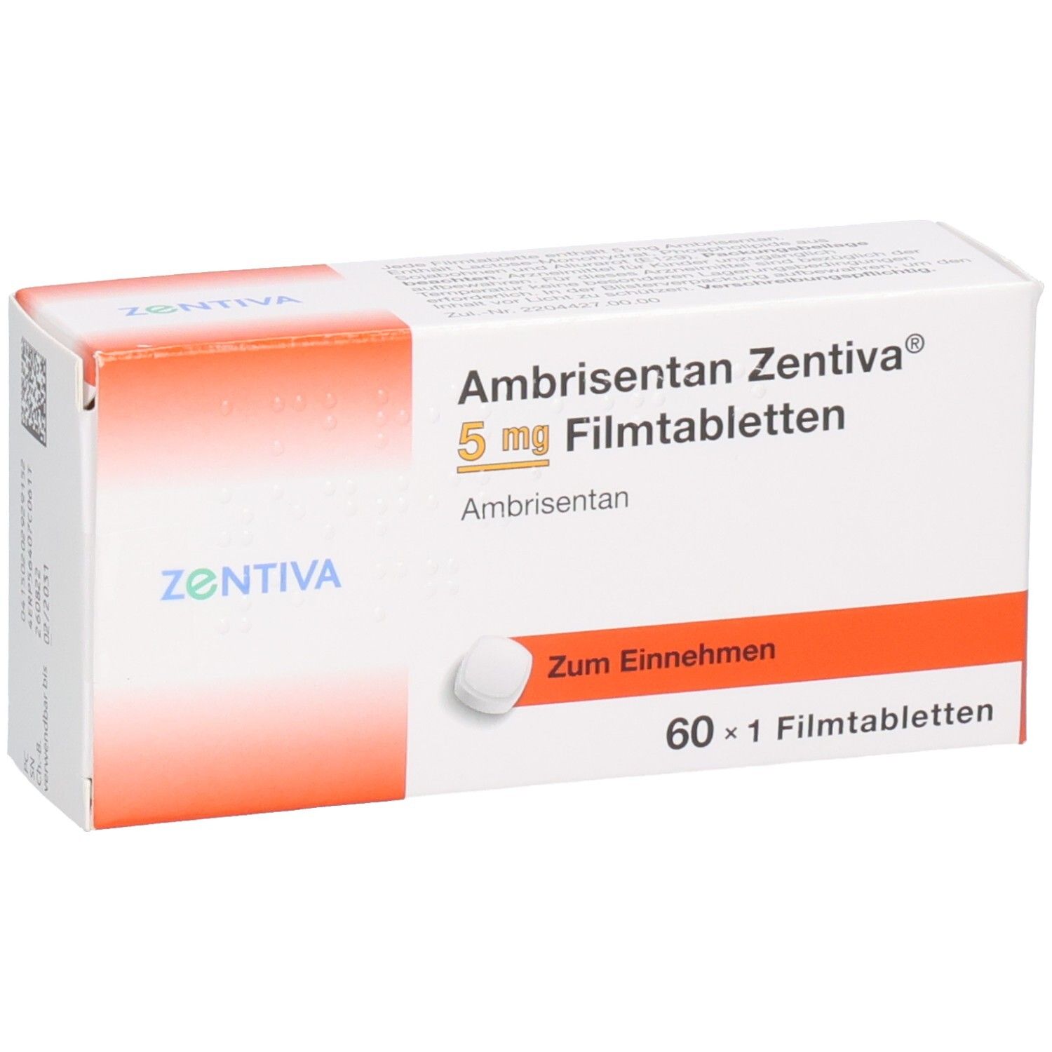 Packung Ambrisentan Zentiva 5 mg Filmtabletten, 60 Stück.