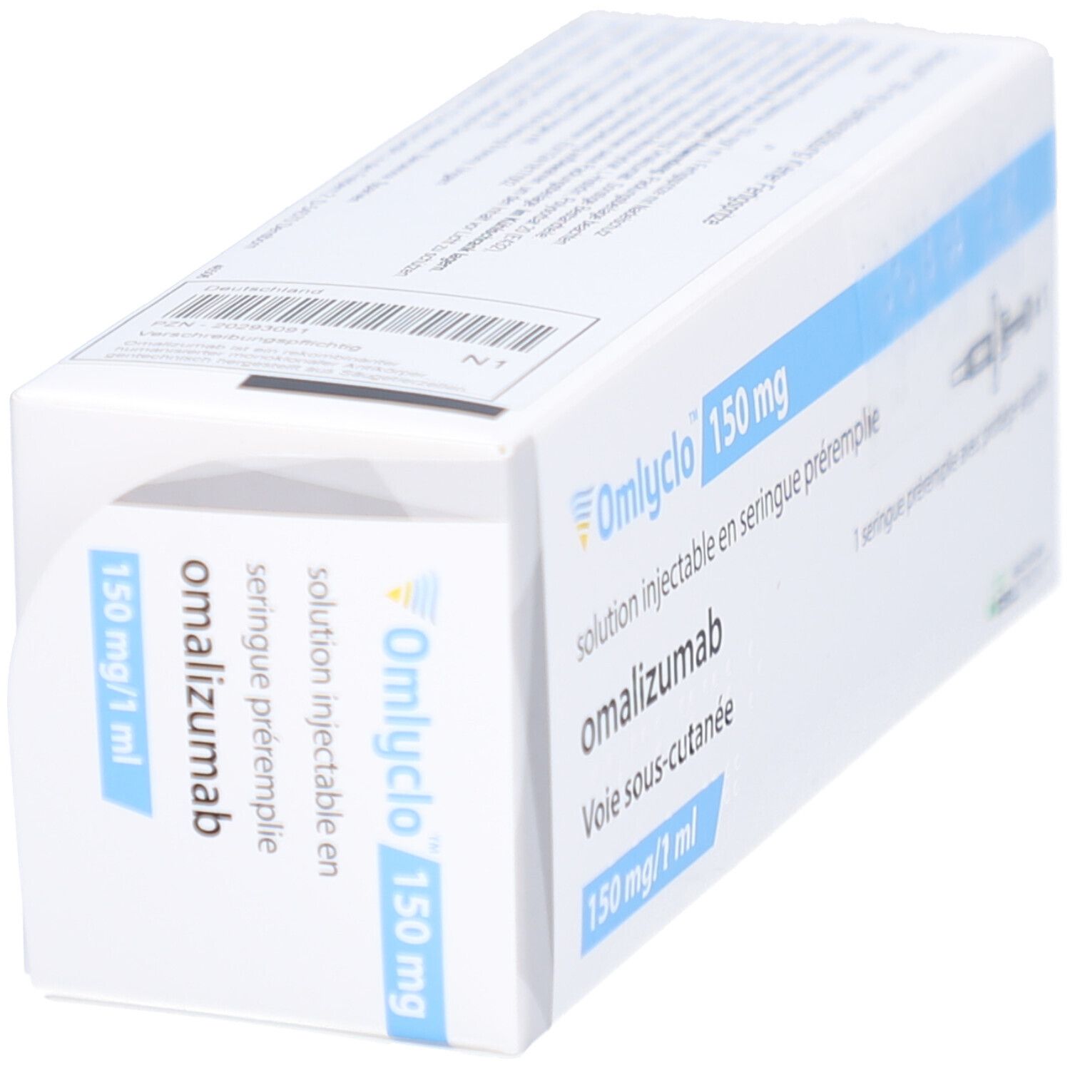 Omlyclo 150 mg Schachtel. Seitenansicht mit Produktnamen, Dosierung und Informationen zur Injektionslösung.