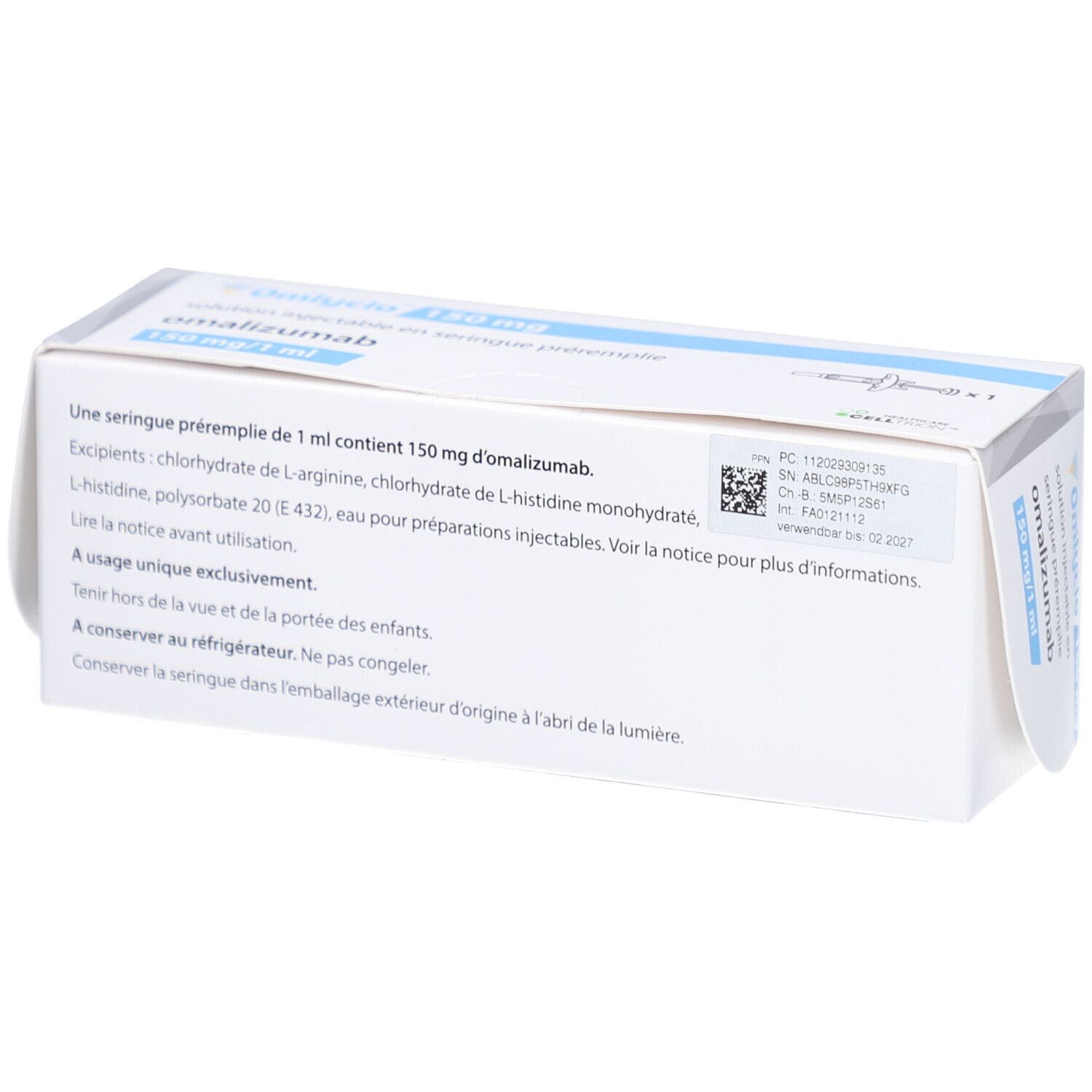 Rückseite der Omlyclo 150 mg Schachtel. Enthält Informationen zu Inhaltsstoffen, Anwendung und Lagerung.