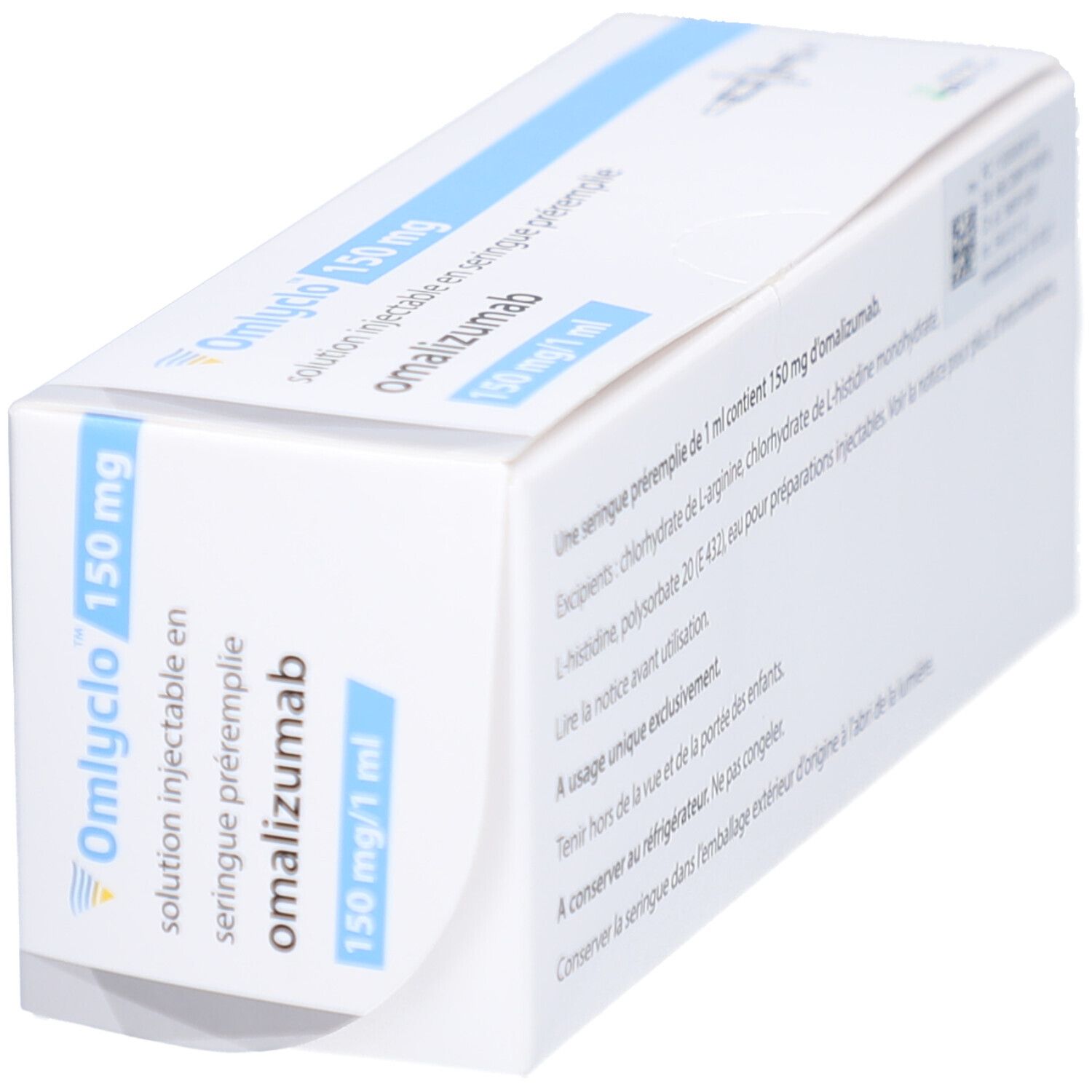 Omlyclo 150 mg Schachtel. Seitenansicht mit Produktnamen, Dosierung und Informationen zur Injektionslösung.