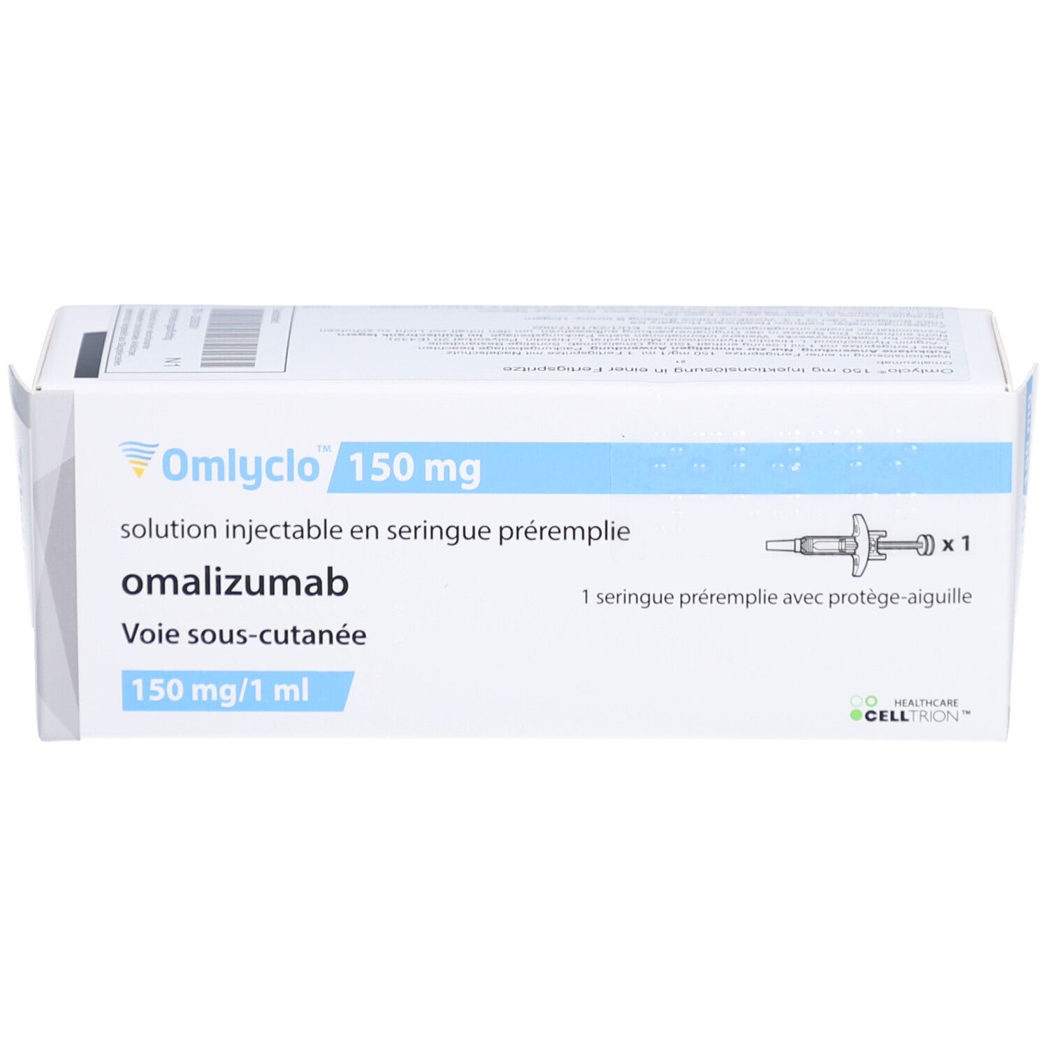 Omlyclo 150 mg Injektionslösung in Fertigspritze. Weiße Schachtel mit Produktinformationen und einer Abbildung der Spritze.