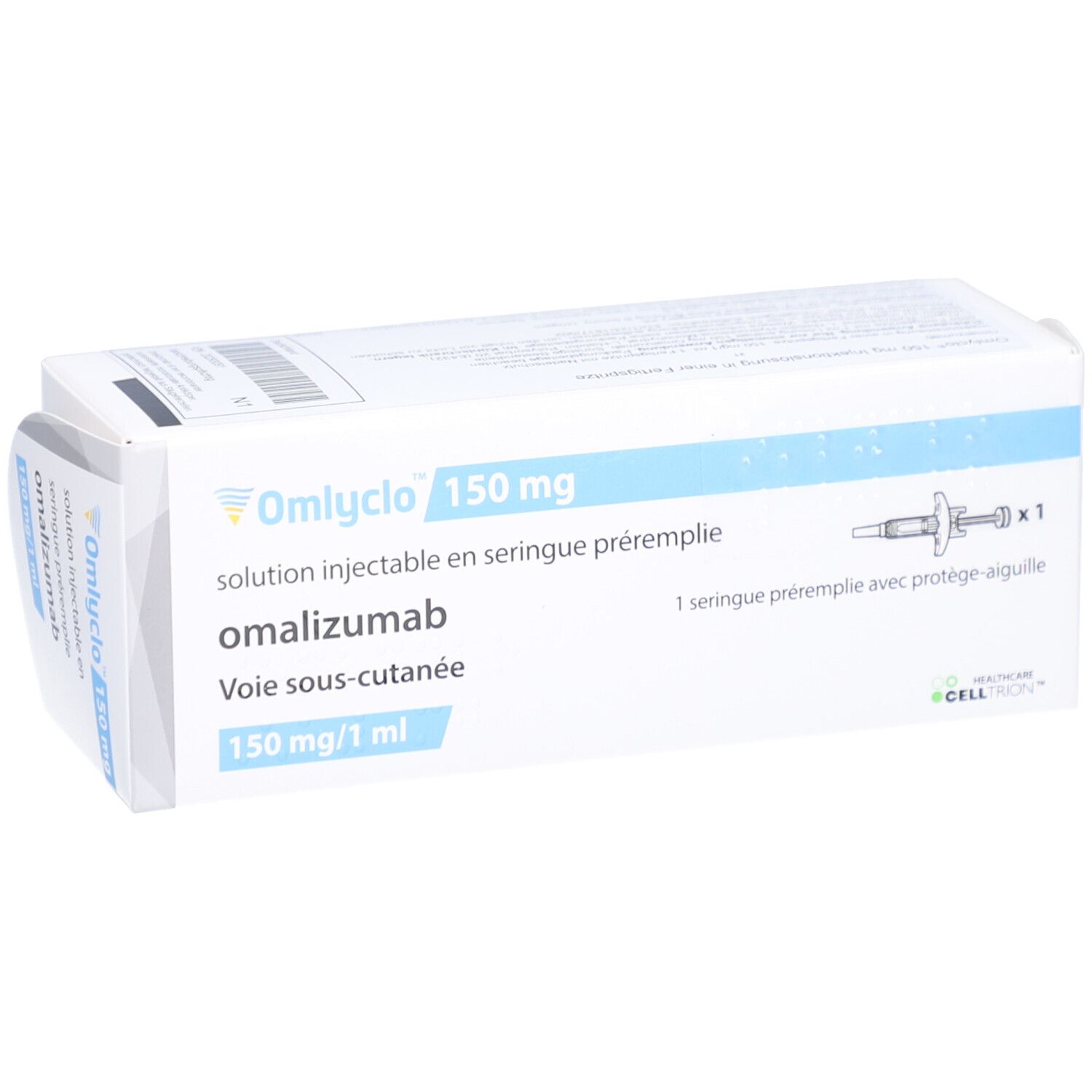 Omlyclo 150 mg Injektionslösung in Fertigspritze. Weiße Schachtel mit Produktinformationen und einer Abbildung der Spritze.