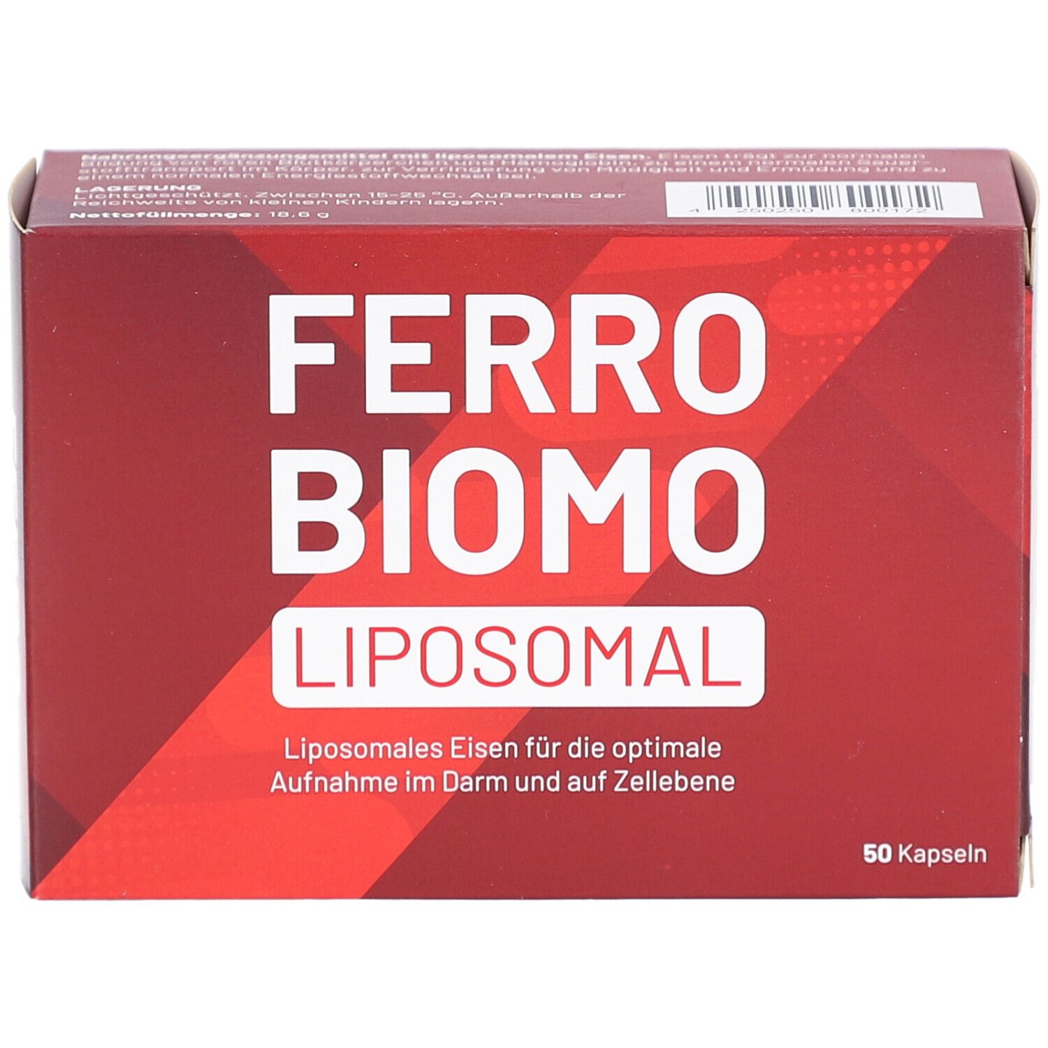 Rote Schachtel mit weißem Schriftzug FERRO BIOMO LIPOSOMAL. 50 Kapseln. Liposomales Eisen.