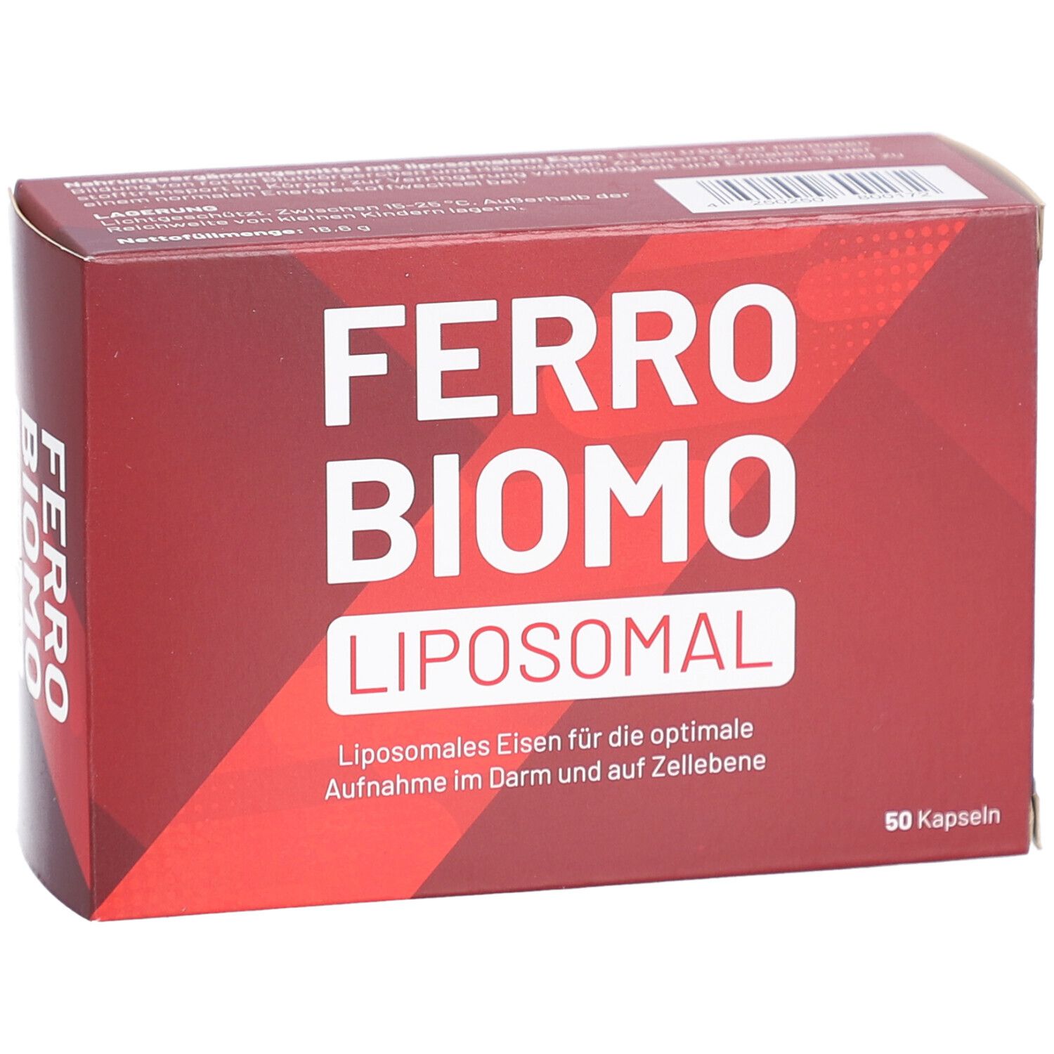 Rote Schachtel mit weißem Schriftzug FERRO BIOMO LIPOSOMAL. 50 Kapseln. Eckansicht.
