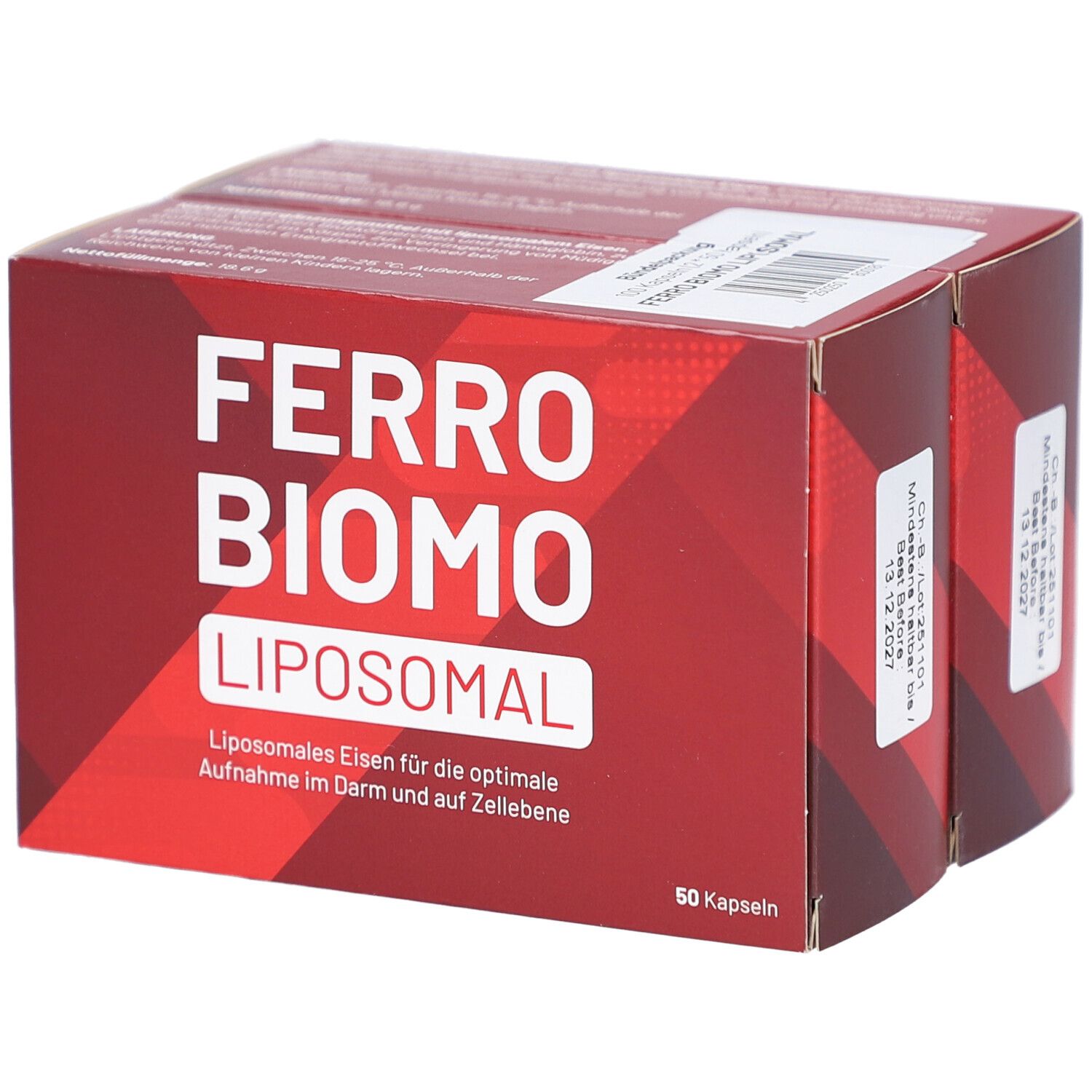 Rote Kartonverpackung mit weißem Schriftzug FERRO BIOMO LIPOSOMAL. 50 Kapseln. Liposomales Eisen.