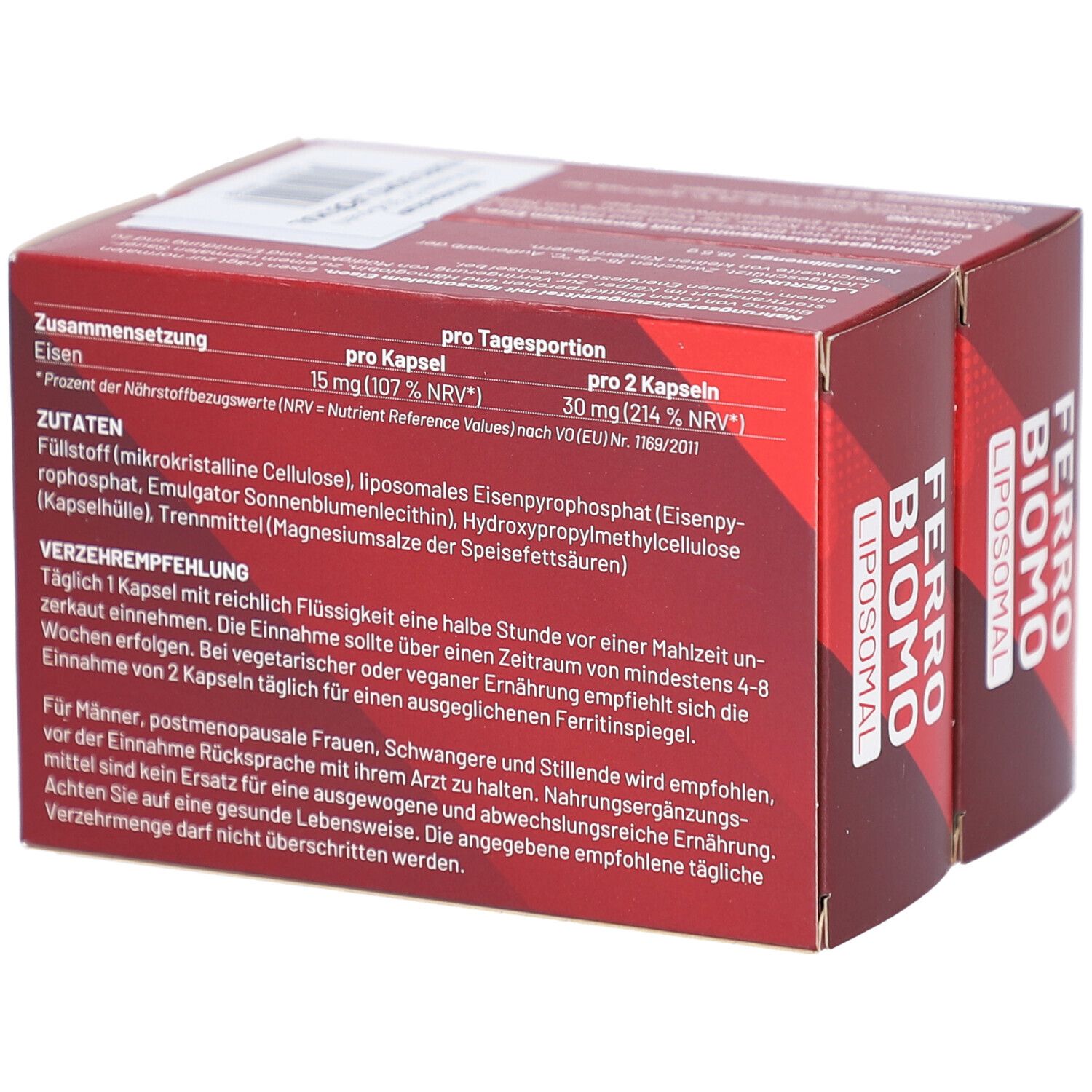 Rote Kartonverpackung mit Text. FERRO BIOMO LIPOSOMAL. Inhaltsstoffe, Verzehrempfehlung. Rückseite.