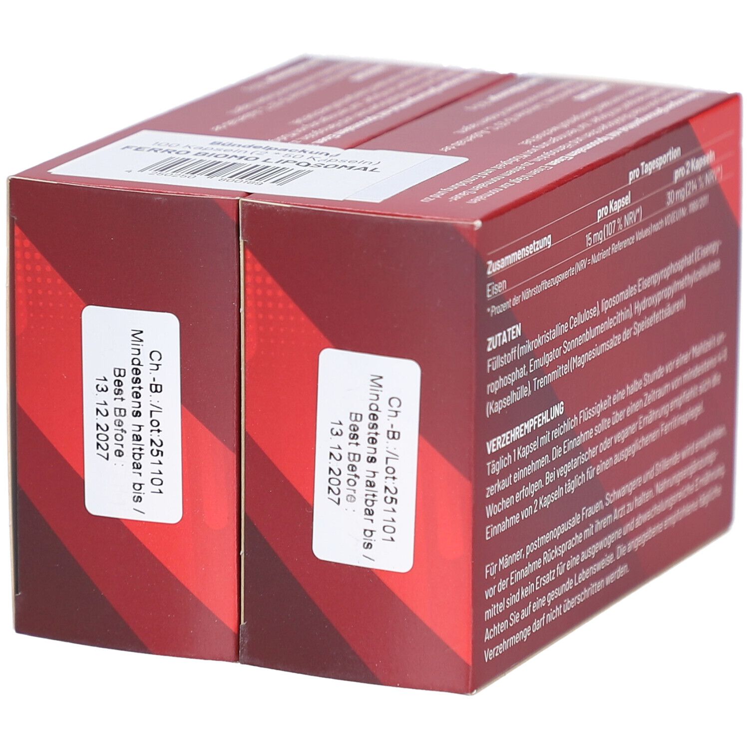Zwei rote Kartons FERRO BIOMO LIPOSOMAL. Mindestens haltbar bis 13.12.2027. Rückseite.
