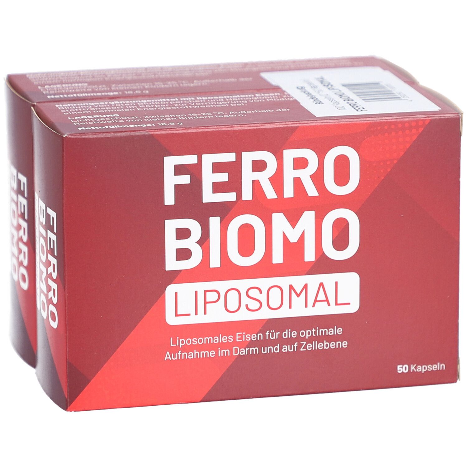 Zwei rote Kartons FERRO BIOMO LIPOSOMAL. 60 Kapseln. Liposomales Eisen.