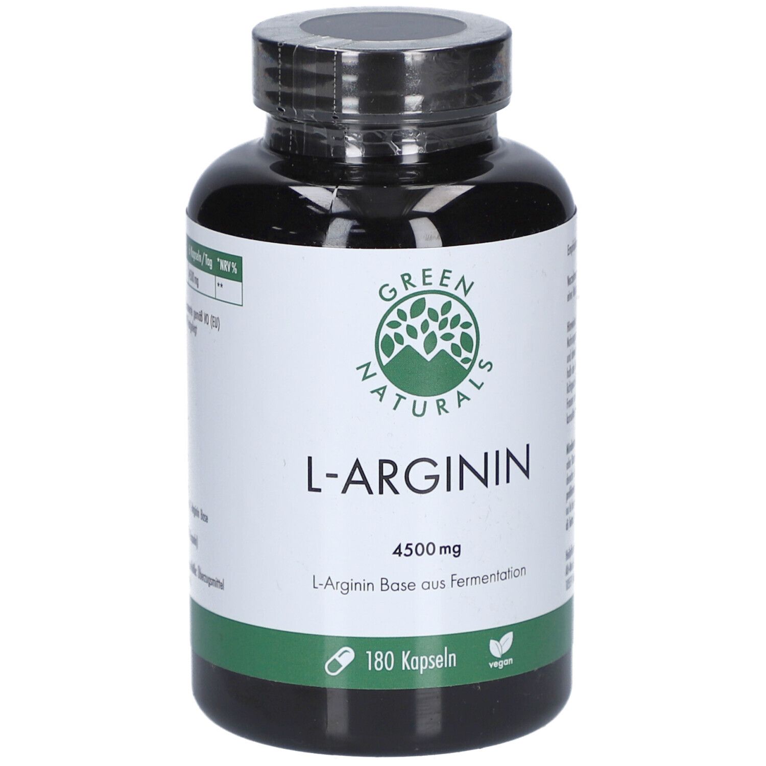 Schwarze Flasche mit grünem Etikett. Aufschrift: L-Arginin 4500 mg, 180 Kapseln, vegan. Marke: Green Naturals.
