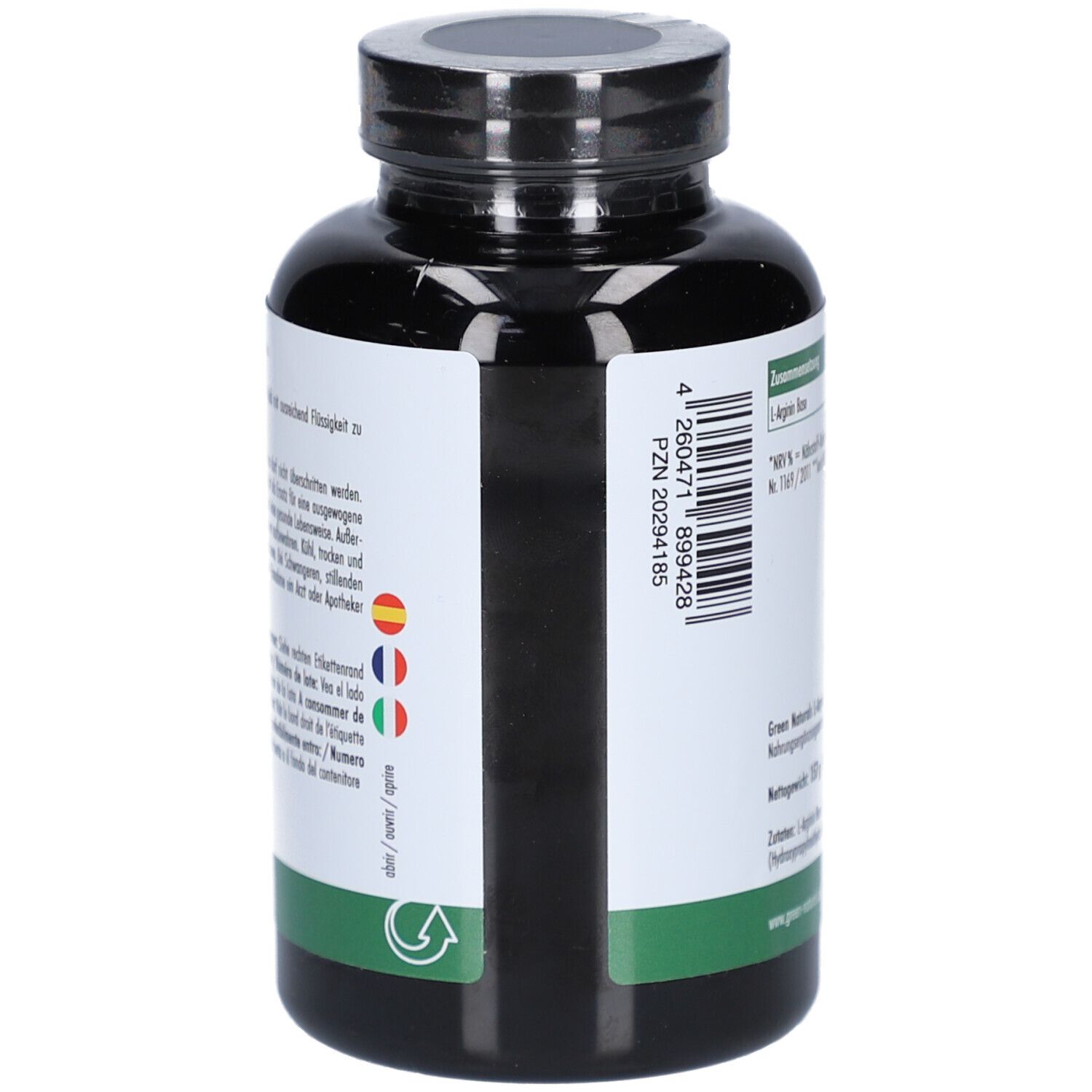 Rückseite der Flasche. Etikett mit Barcode und Herstellerinformationen. Mehrsprachige Hinweise.