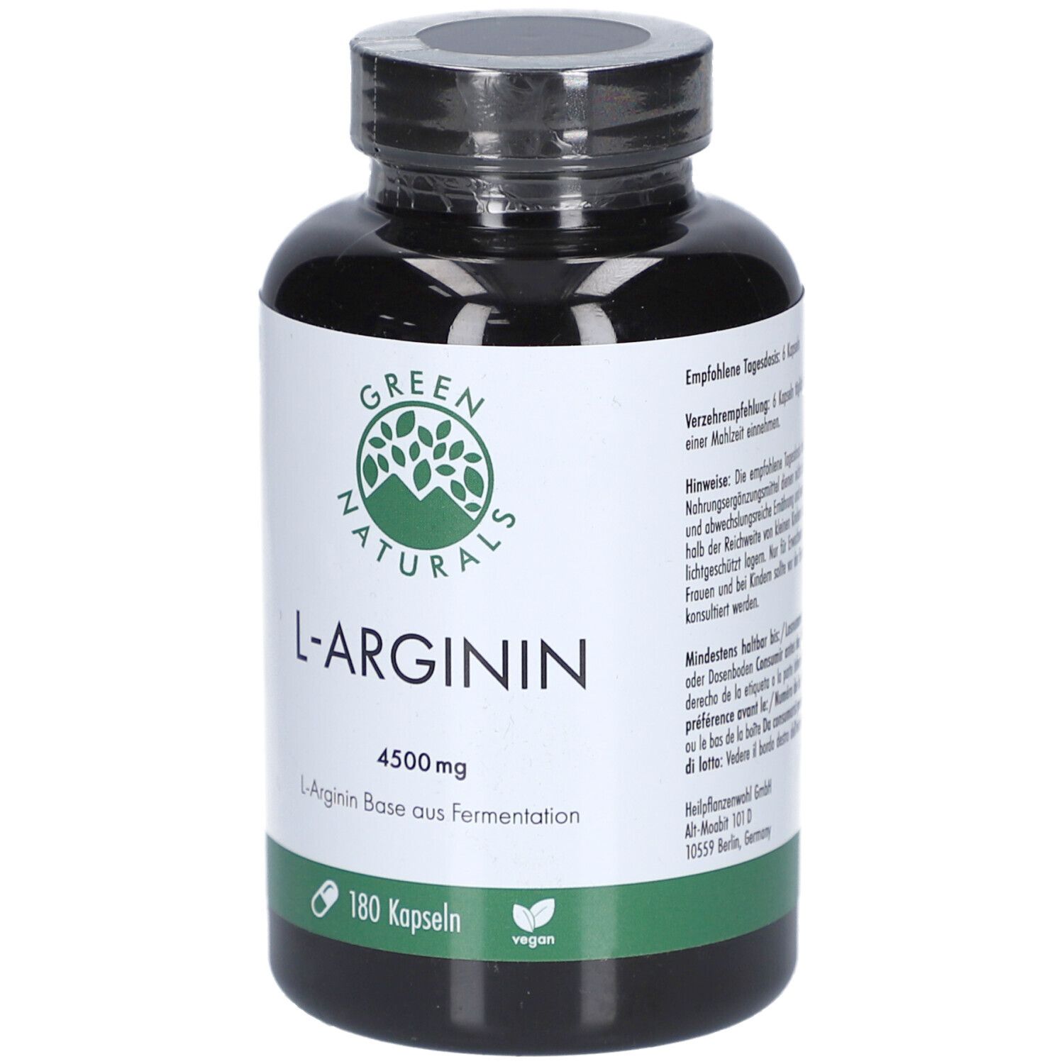 Schwarze Flasche mit grünem Etikett. Aufschrift: L-Arginin 4500 mg, 180 Kapseln, vegan. Marke: Green Naturals.
