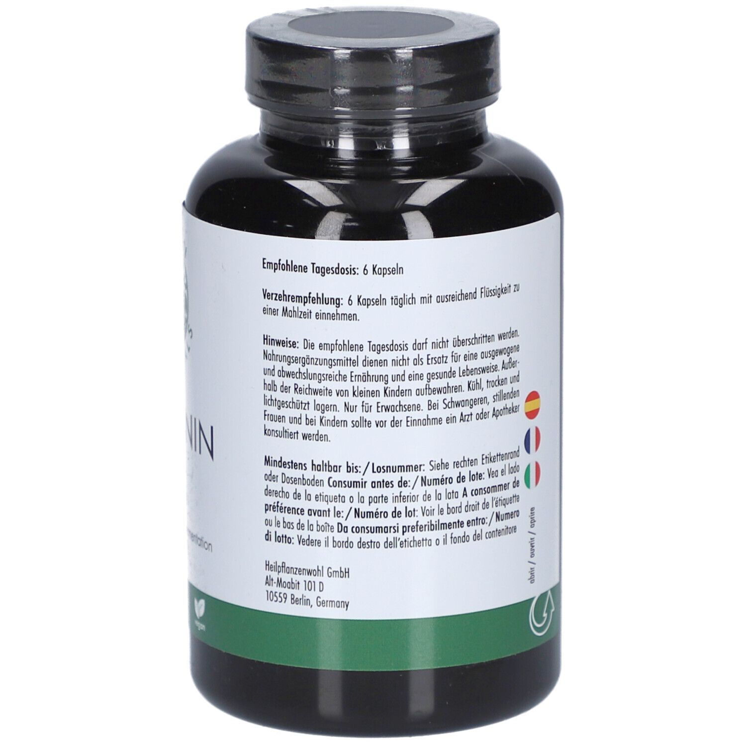 Rückseite der Flasche. Etikett mit Dosierungshinweisen und Warnhinweisen. Mehrsprachige Hinweise.