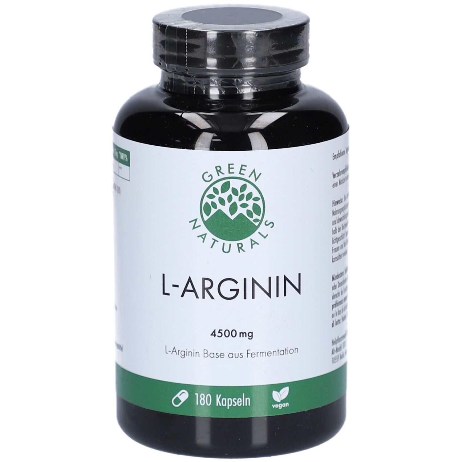Schwarze Flasche mit grünem Etikett. Aufschrift: L-Arginin 4500 mg, 180 Kapseln, vegan. Marke: Green Naturals.
