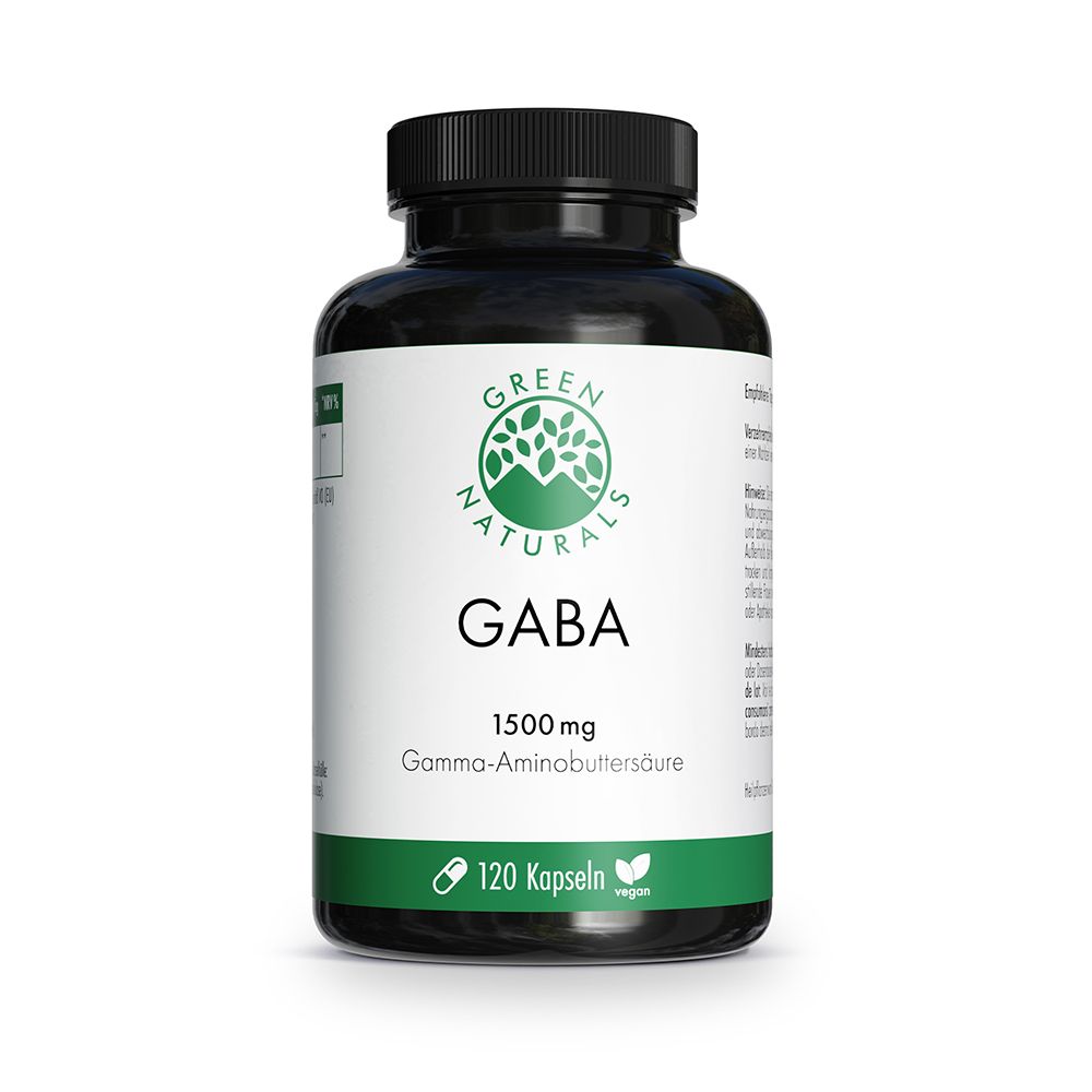 Schwarze Dose mit GREEN NATURALS GABA 1500 mg, 120 Kapseln, vegan.