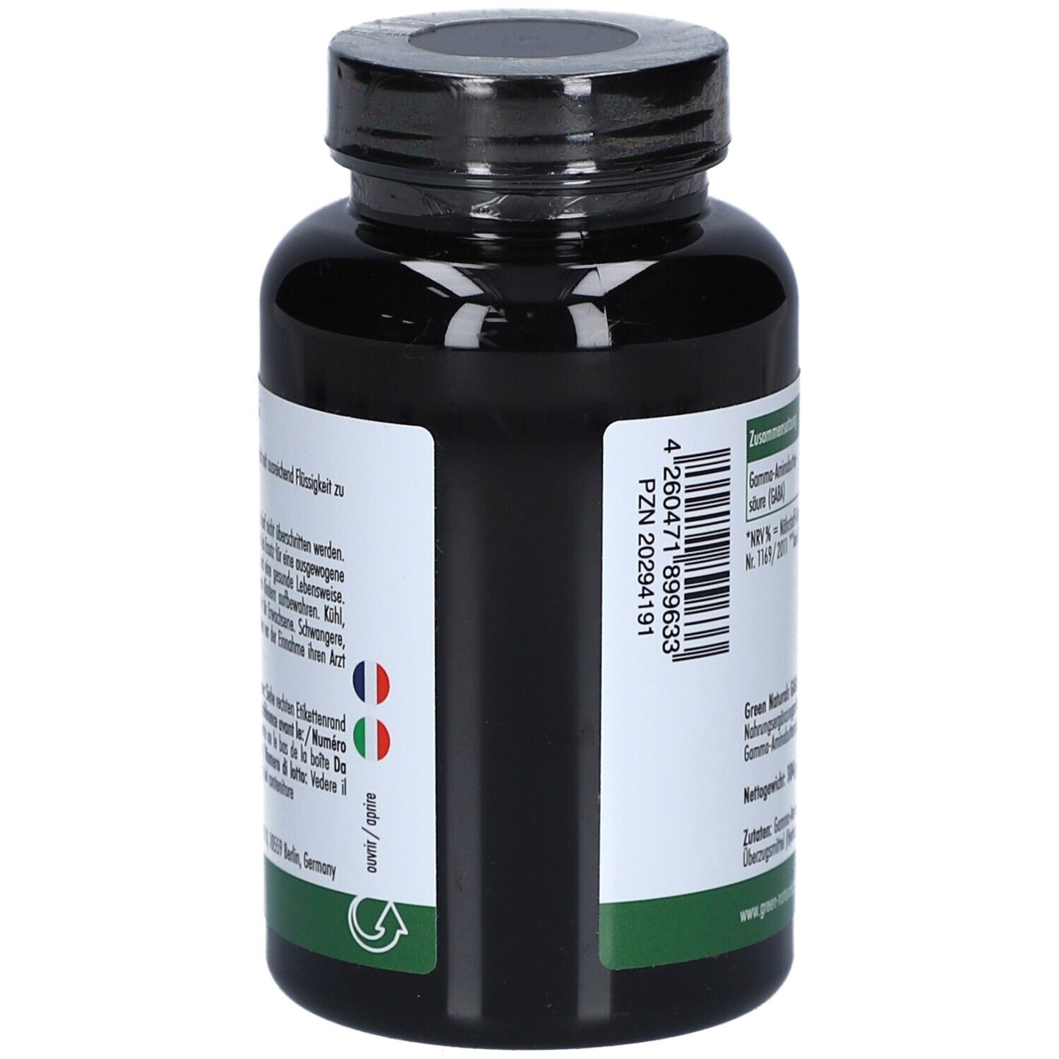 Seitenansicht der Flasche. Aufkleber mit Informationen und PZN 20294191. Mehrsprachige Hinweise.