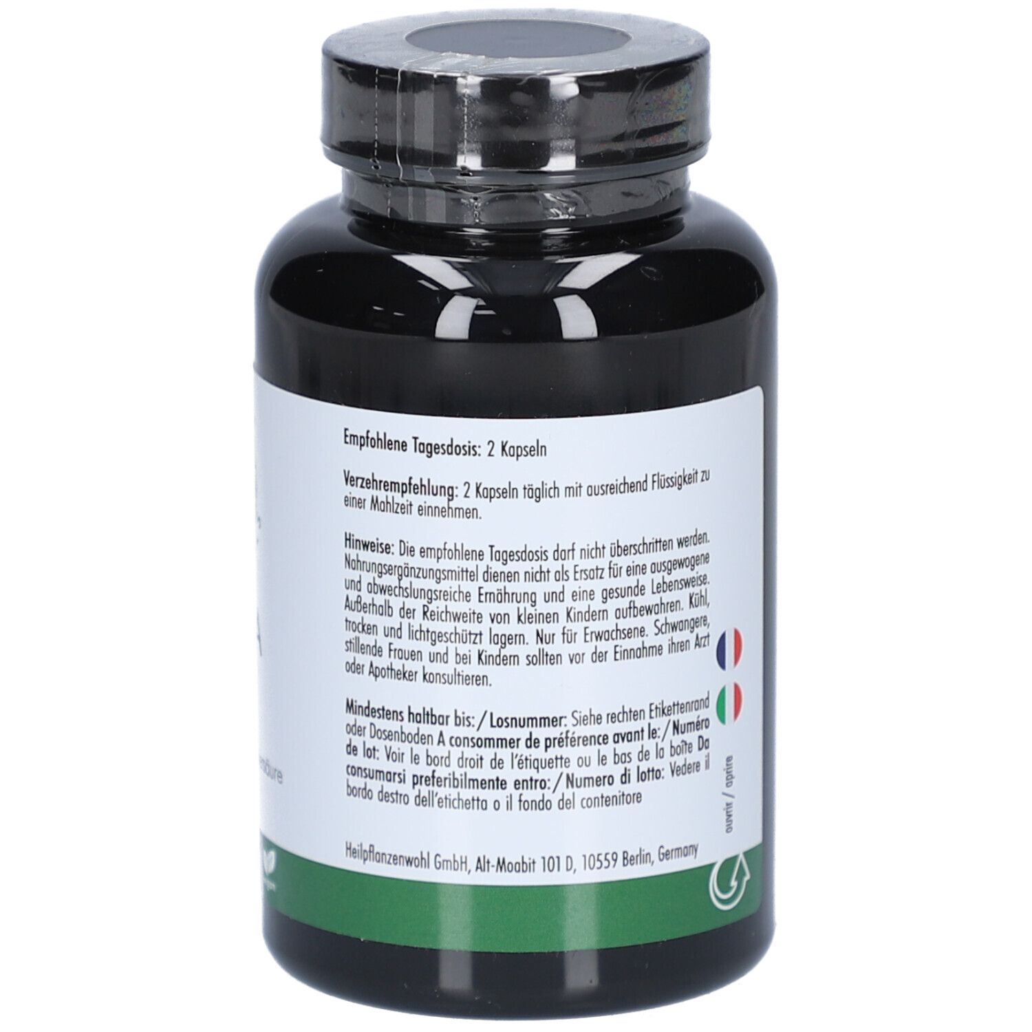 Rückseite der Flasche. Aufschrift und Hinweise zur Einnahme. Mehrsprachige Hinweise.