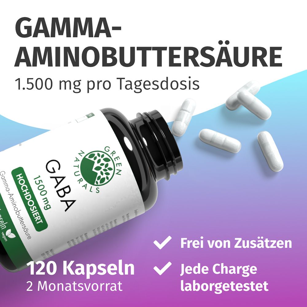 Dose mit GREEN NATURALS GABA 1500 mg, 120 Kapseln, 2 Monatsvorrat. Frei von Zusätzen.
