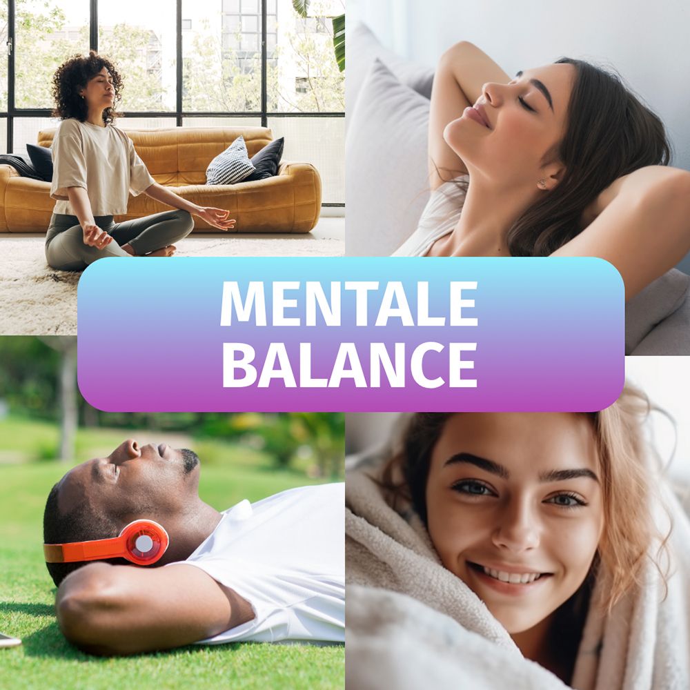 Collage mit Frauen und Männern in entspannten Posen. Text: Mentale Balance.