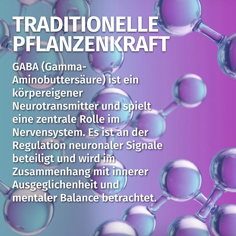 Molekülstruktur und Text über GABA, Neurotransmitter und mentale Balance.