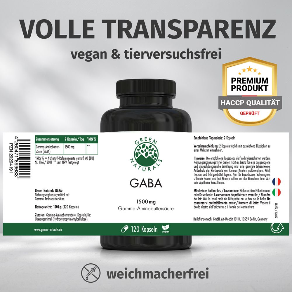 Dose GREEN NATURALS GABA 1500 mg. Etikett mit Nährwertangaben und Siegeln.