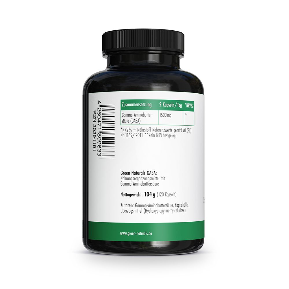 Rückseite der Dose mit GREEN NATURALS GABA. Zutaten und Nettogewicht 104 g (120 Kapseln).